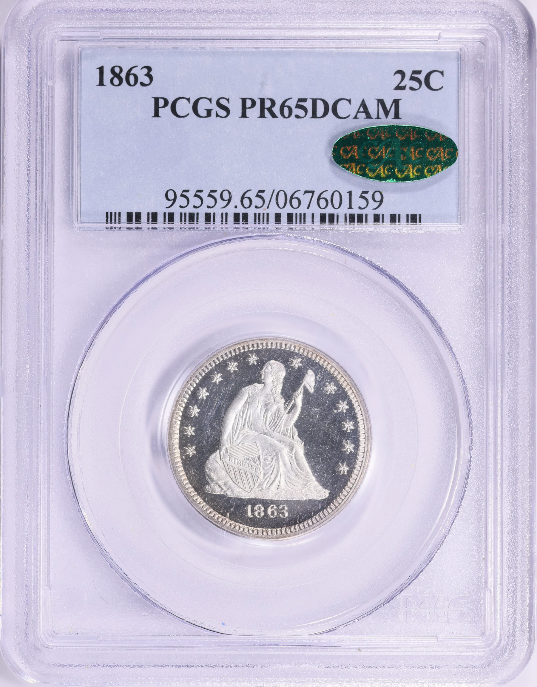 1863 Seated Liberty Quarter PCGS Proof-65 DCAM (CAC Green) (Item