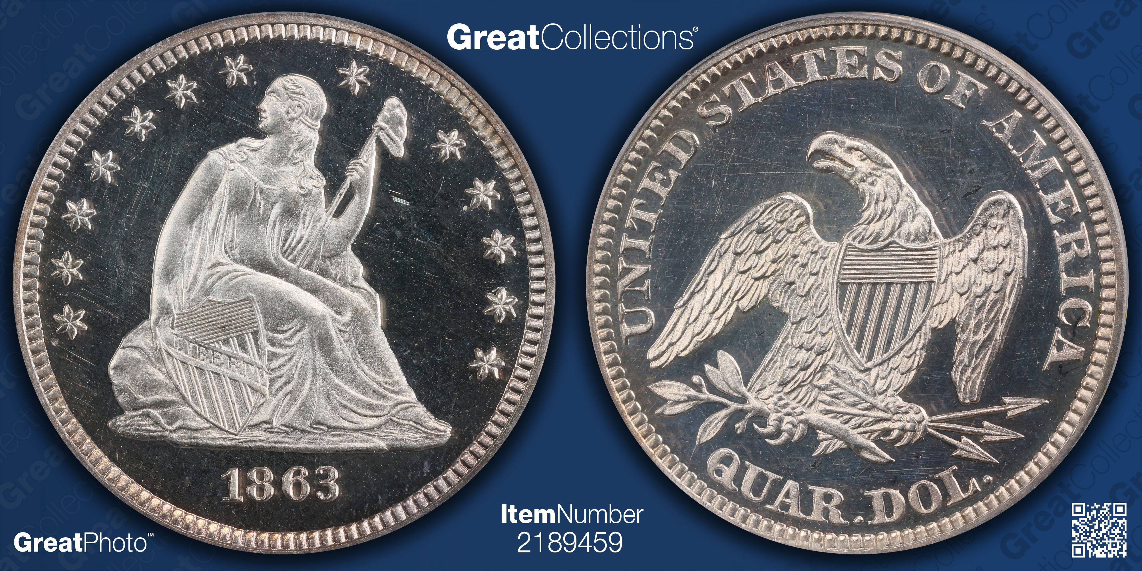 プレートディテクタ、グリーンカード まじクマ 1863 Seated Liberty Quarter PCGS Proof-65 DCAM (CAC Green) (Item