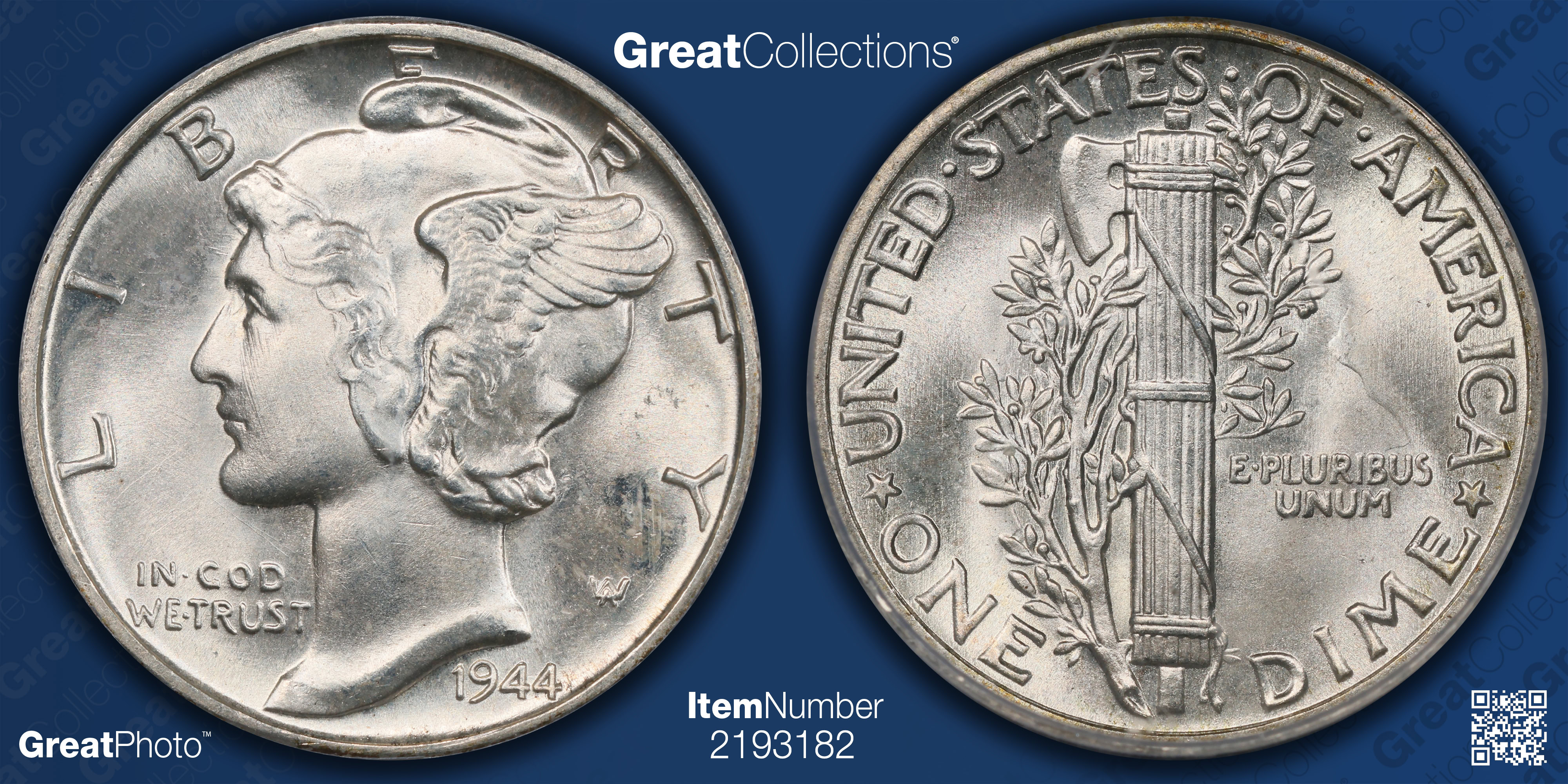 1944 Mercury Dime ICG MS-66 FB (Item 2193182) | GreatCollections