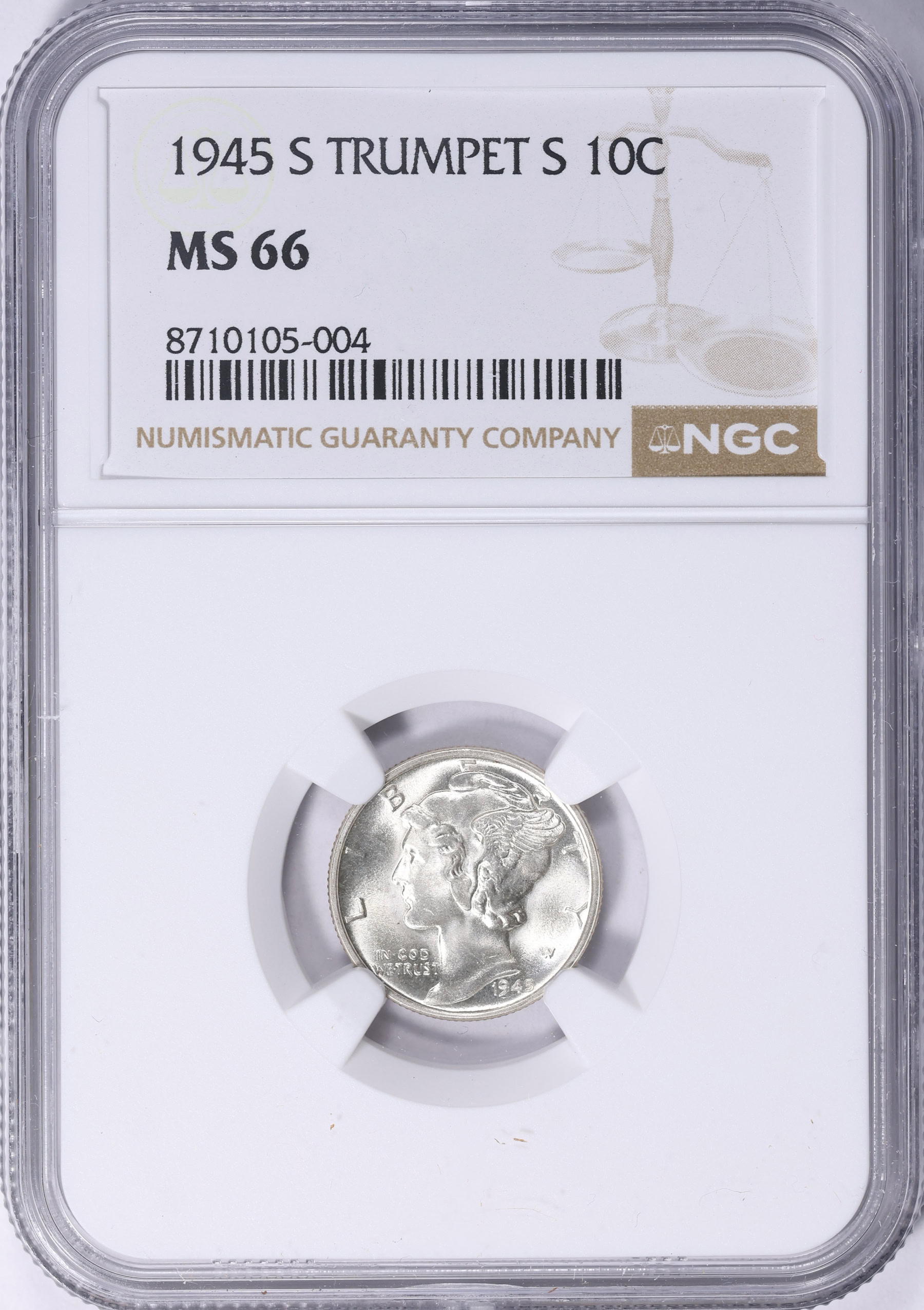1945-S Mercury Dime TRUMPET S NGC MS-66 | NGC Cert #8710105-004