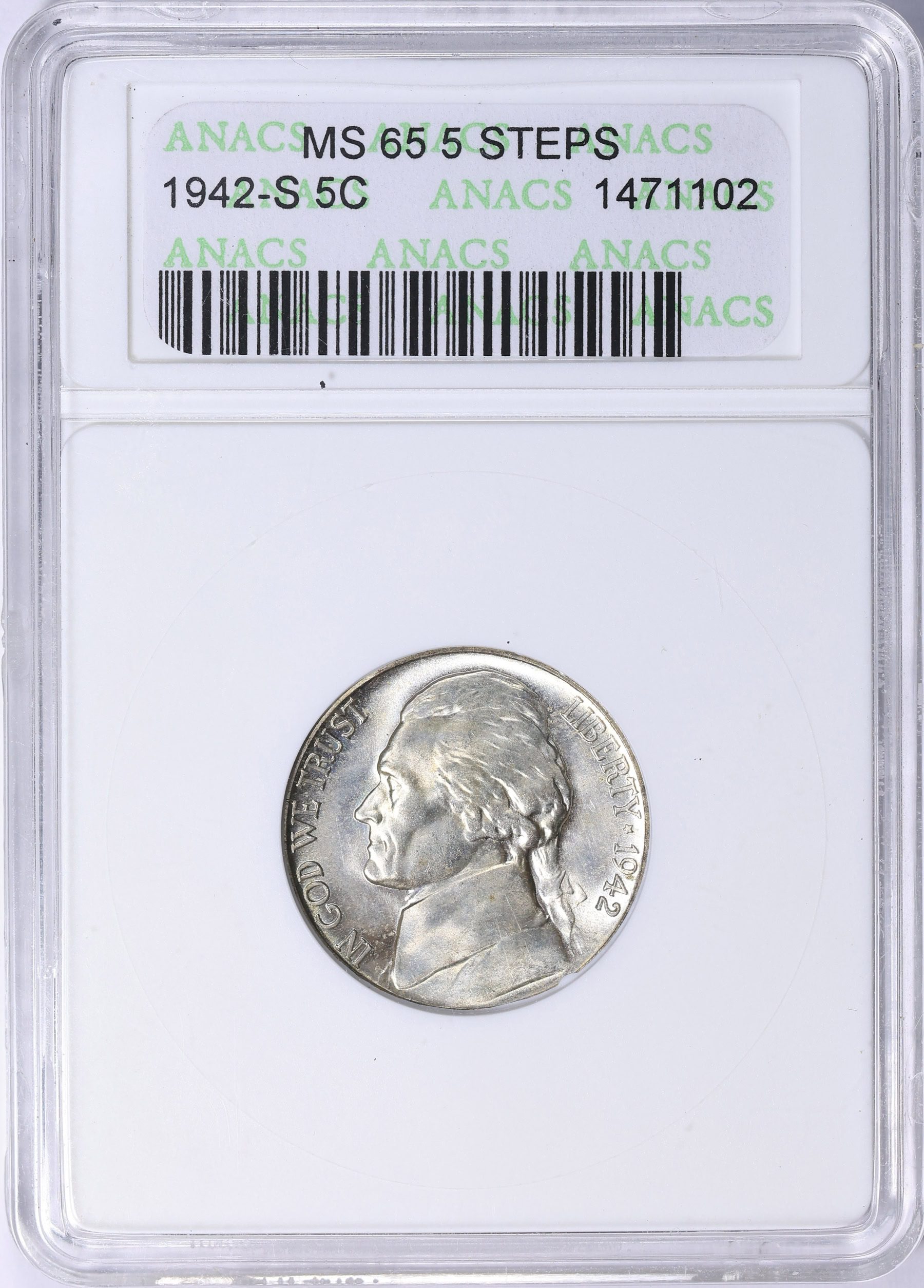 1942-S Jefferson Nickel ANACS MS-65 5FS OH (Item 2194568