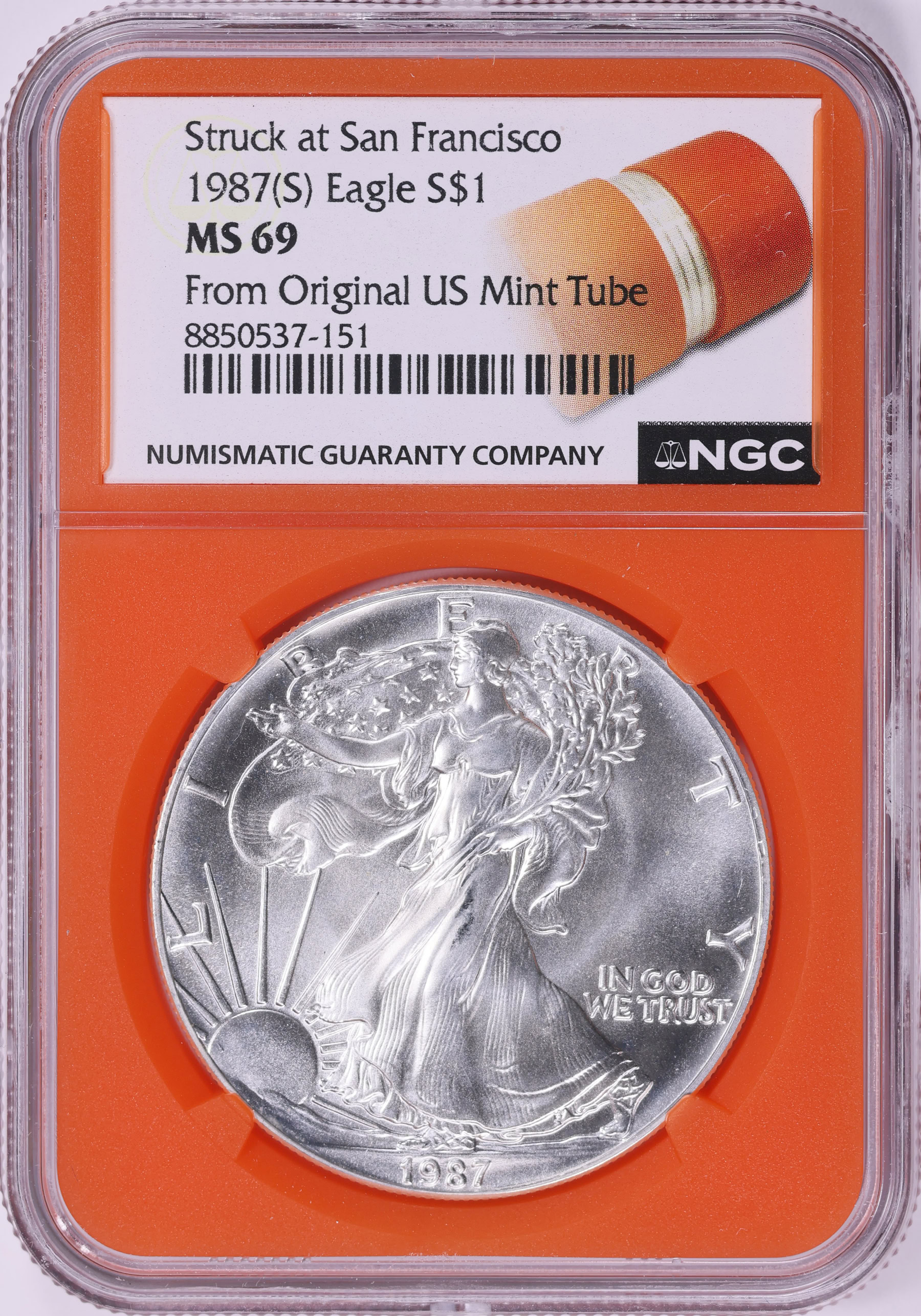 1987-(S) $1 Silver Eagle Struck at San Francisco NGC MS-69 (Orange
