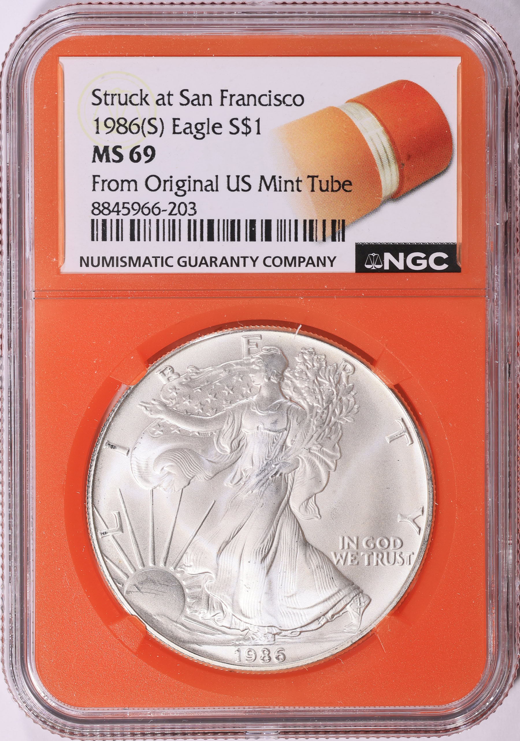 1986-(S) $1 Silver Eagle Struck at San Francisco NGC MS-69 (Orange