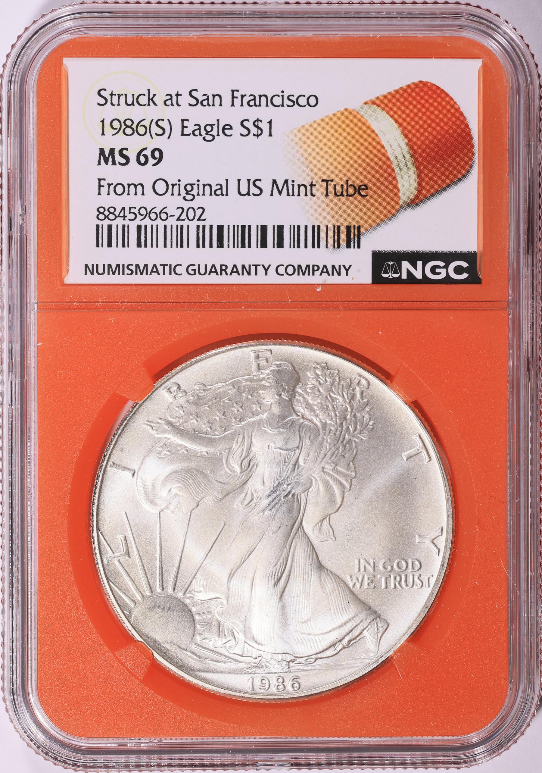 1986-(S) $1 Silver Eagle Struck at San Francisco NGC MS-69 (Orange