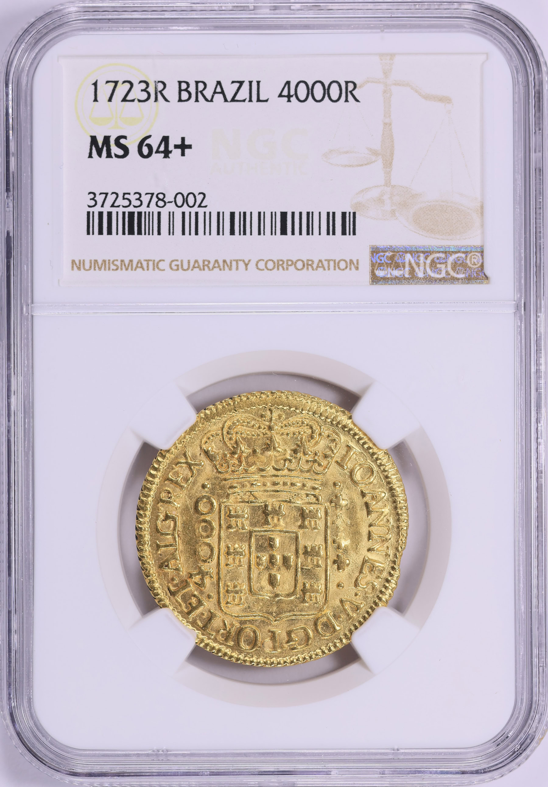 Brazil 1723-R Gold 4,000 Reis KM-102 NGC MS-64+ (AGW = 0.3169 oz