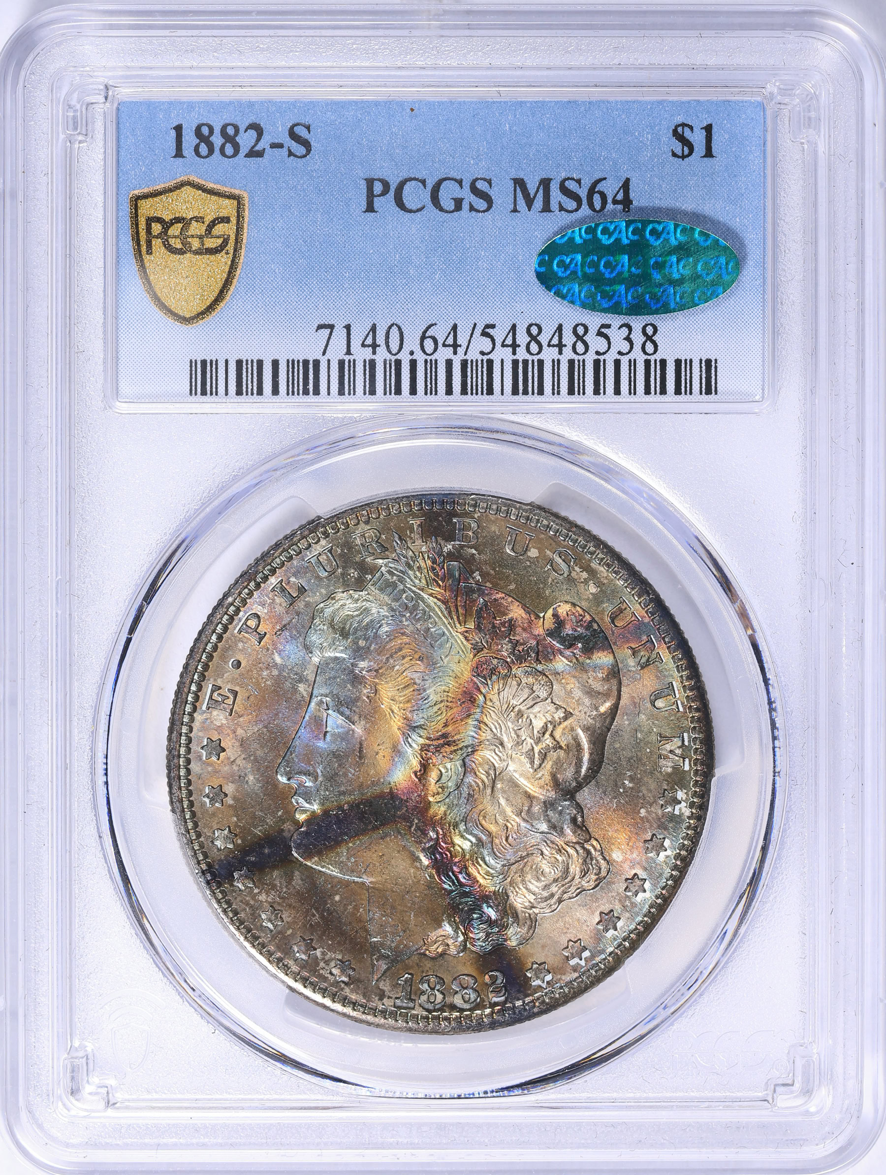 1882-S Morgan Silver Dollar PCGS MS-64 (CAC Green) (Toned) (Item