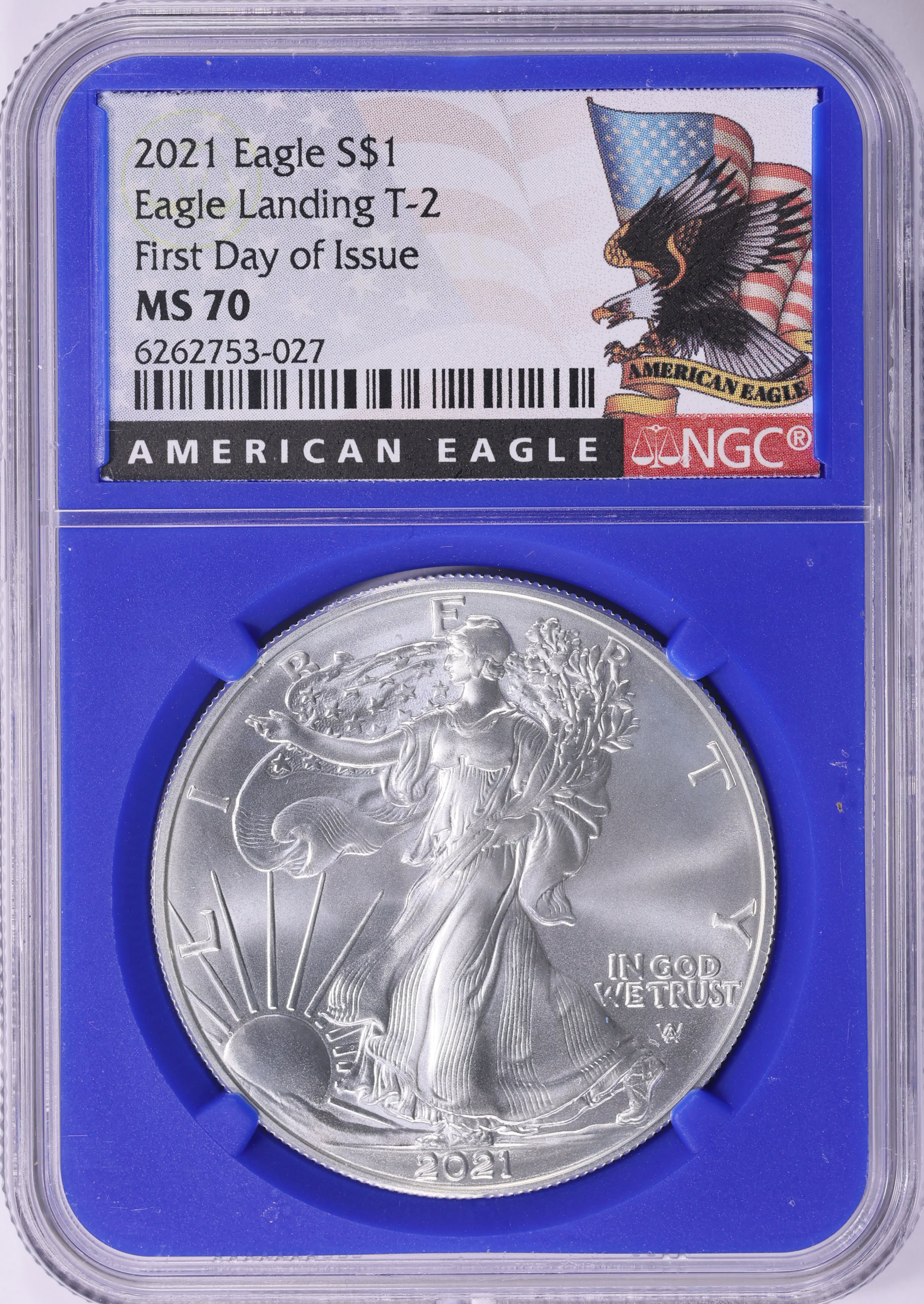 2021 $1 Silver Eagle Type 2 First Day of Issue NGC MS-70 (Blue