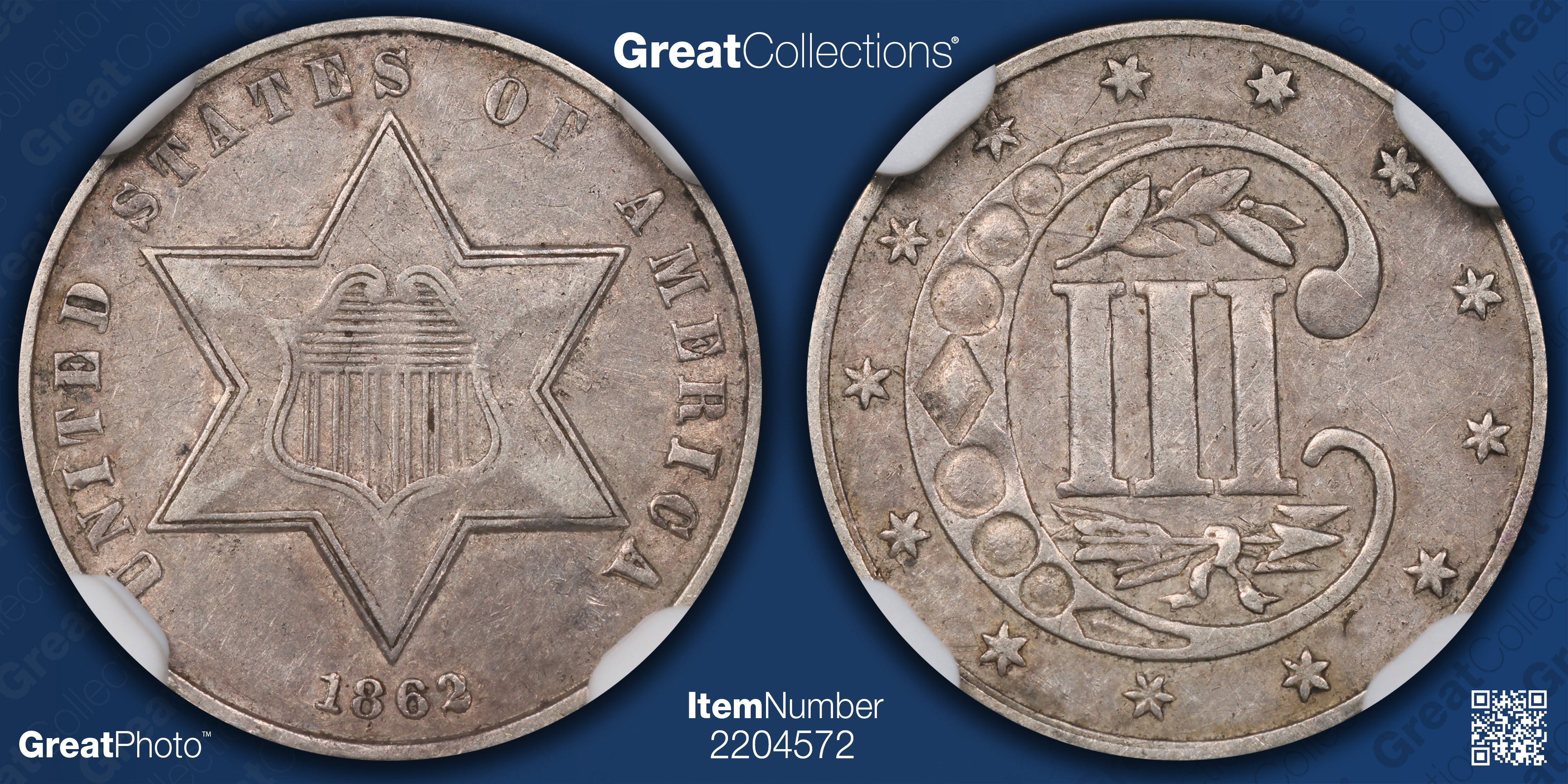 1862 Silver Three-Cent Piece NGC AU-53 (Item 2204572