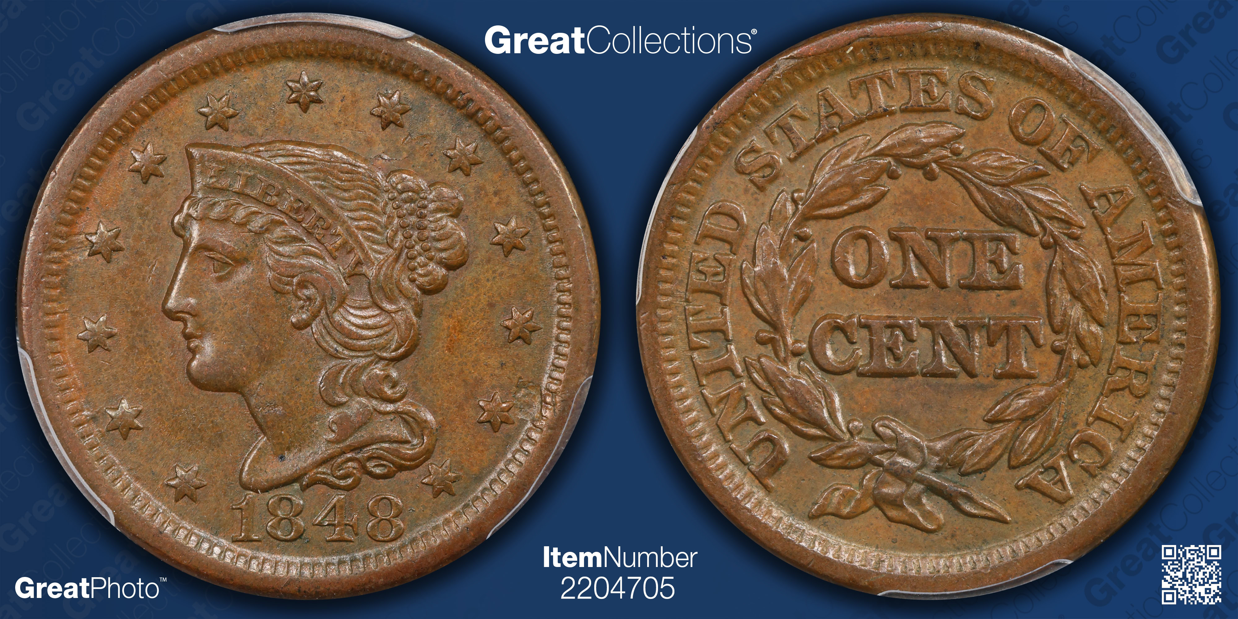 1848 Braided Hair Cent PCGS AU-55 BN (Item 2204705