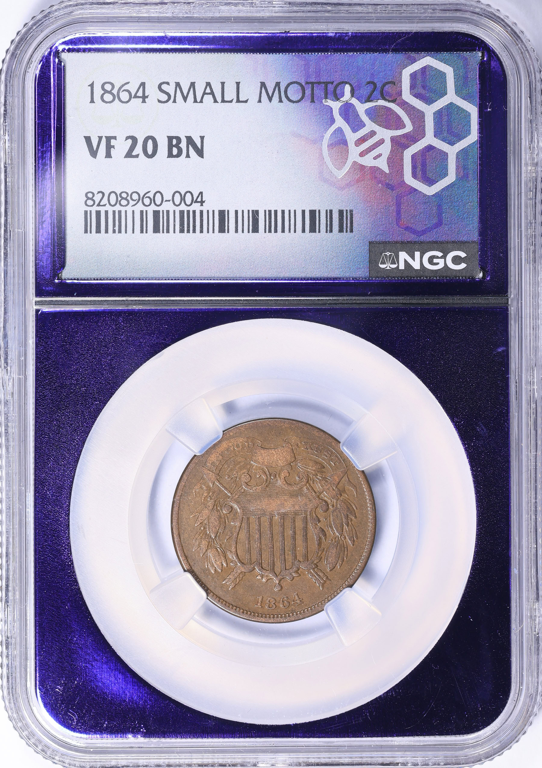 1864 Two-Cent Piece Small Motto NGC VF-20 BN (Purple Bee Frame