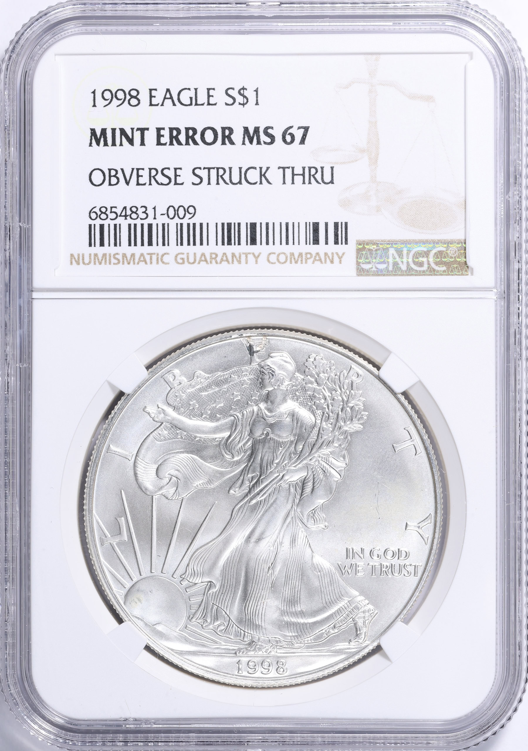 Mint Error 1998 $1 Silver Eagle Obverse Struck Through NGC MS-67