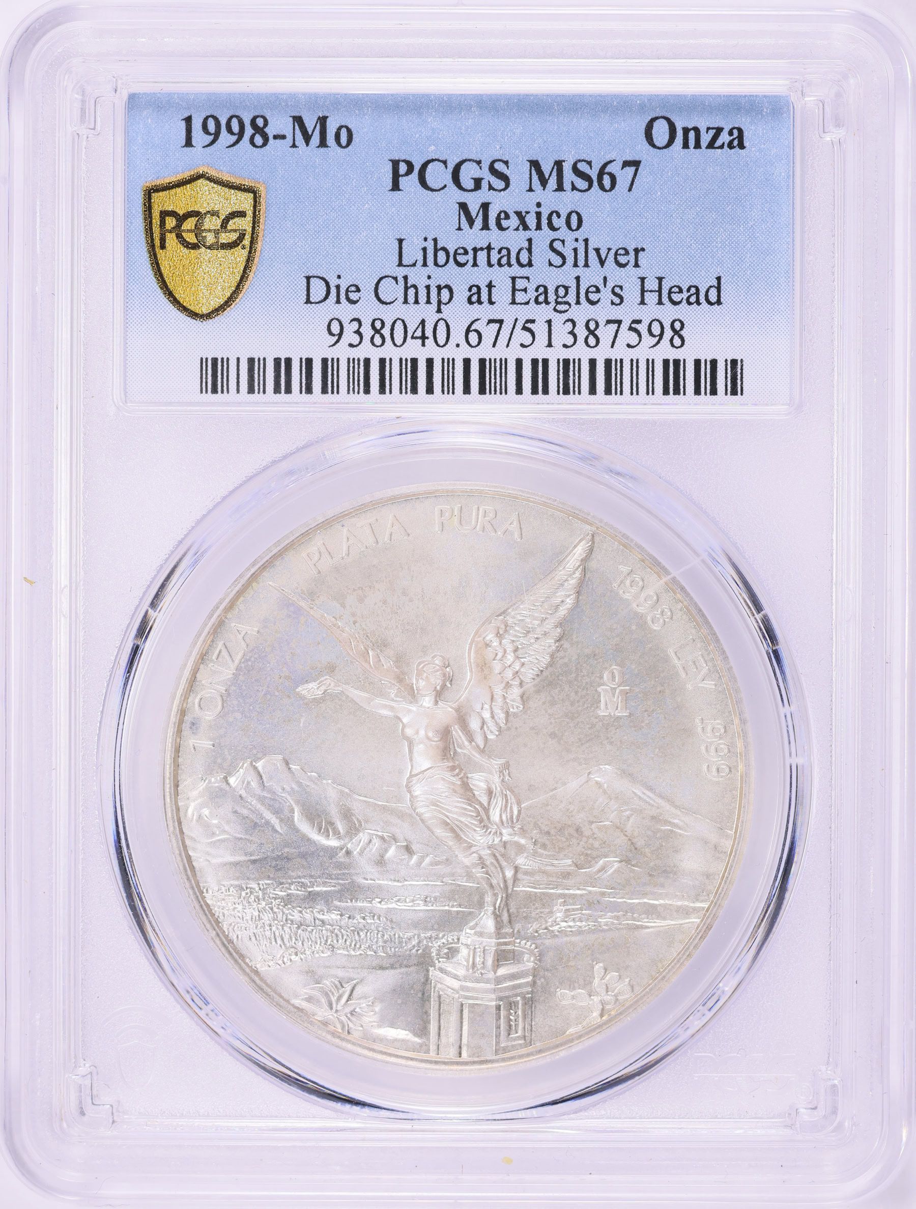 Mexico 1998-Mo Silver Onza Libertad Die Chip at Eagle's Head KM