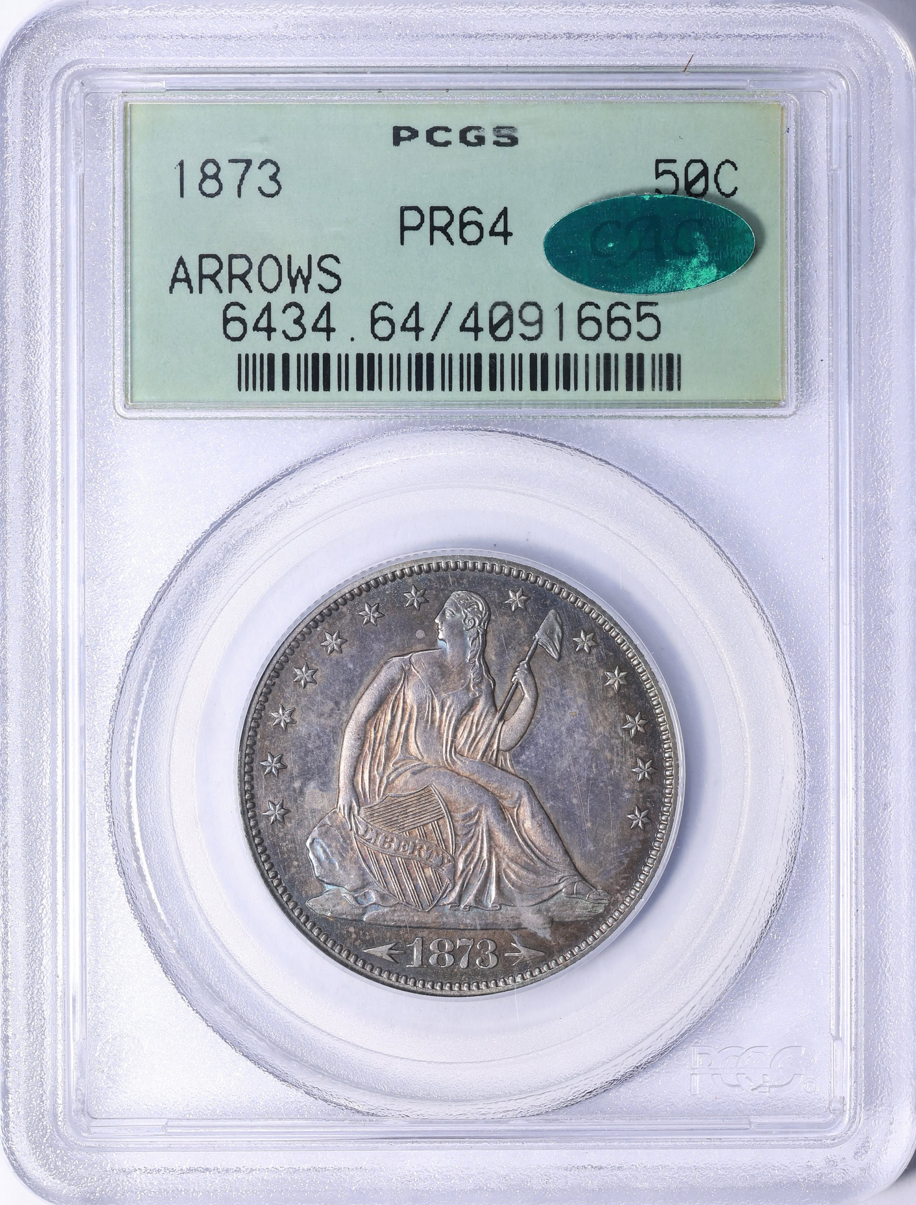 クレア 1 1873 Seated Liberty Half Dollar Arrows PCGS Proof-64 (CAC Green
