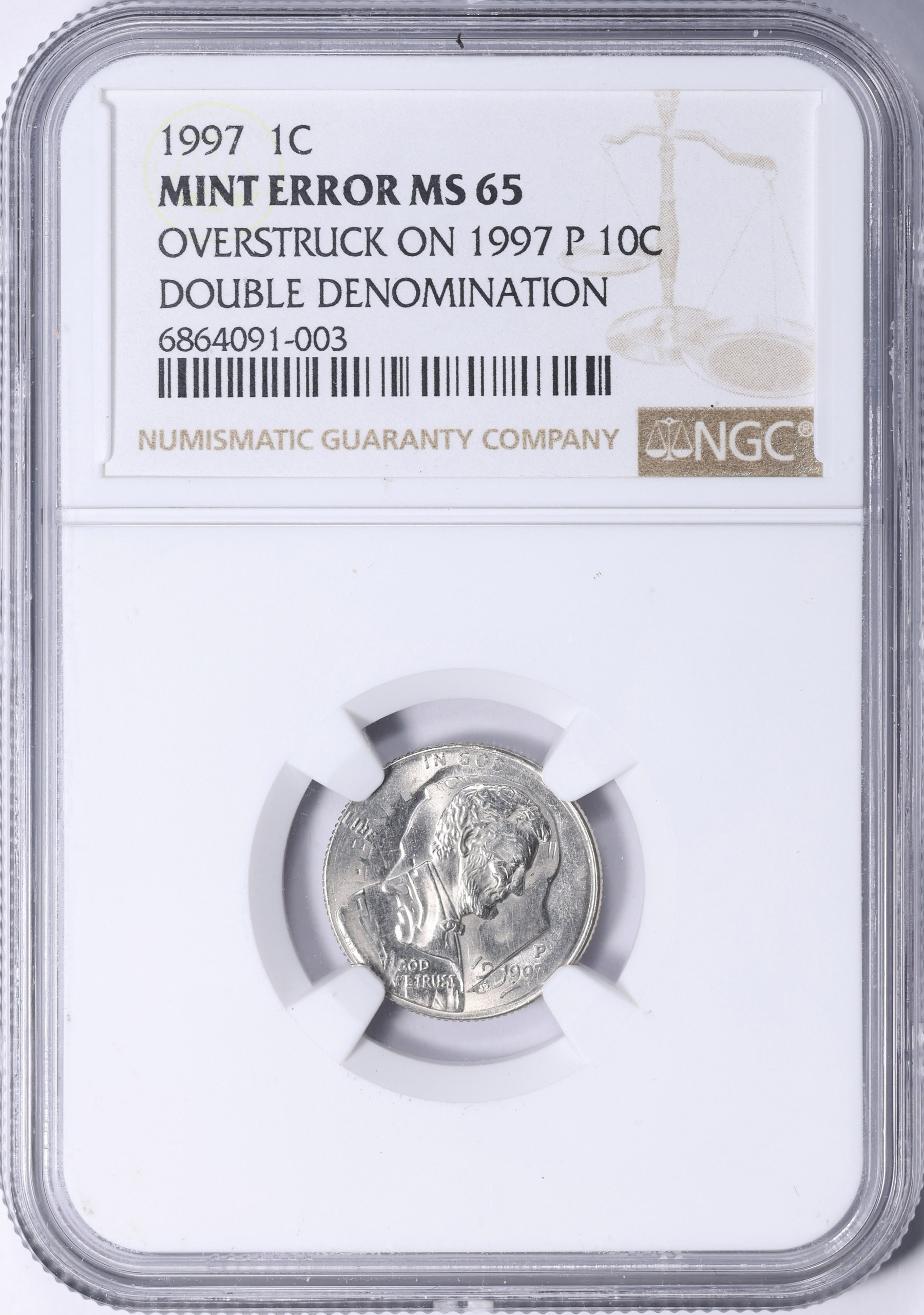 Mint Error 1997 Lincoln Cent Struck on 1997 P Roosevelt Dime