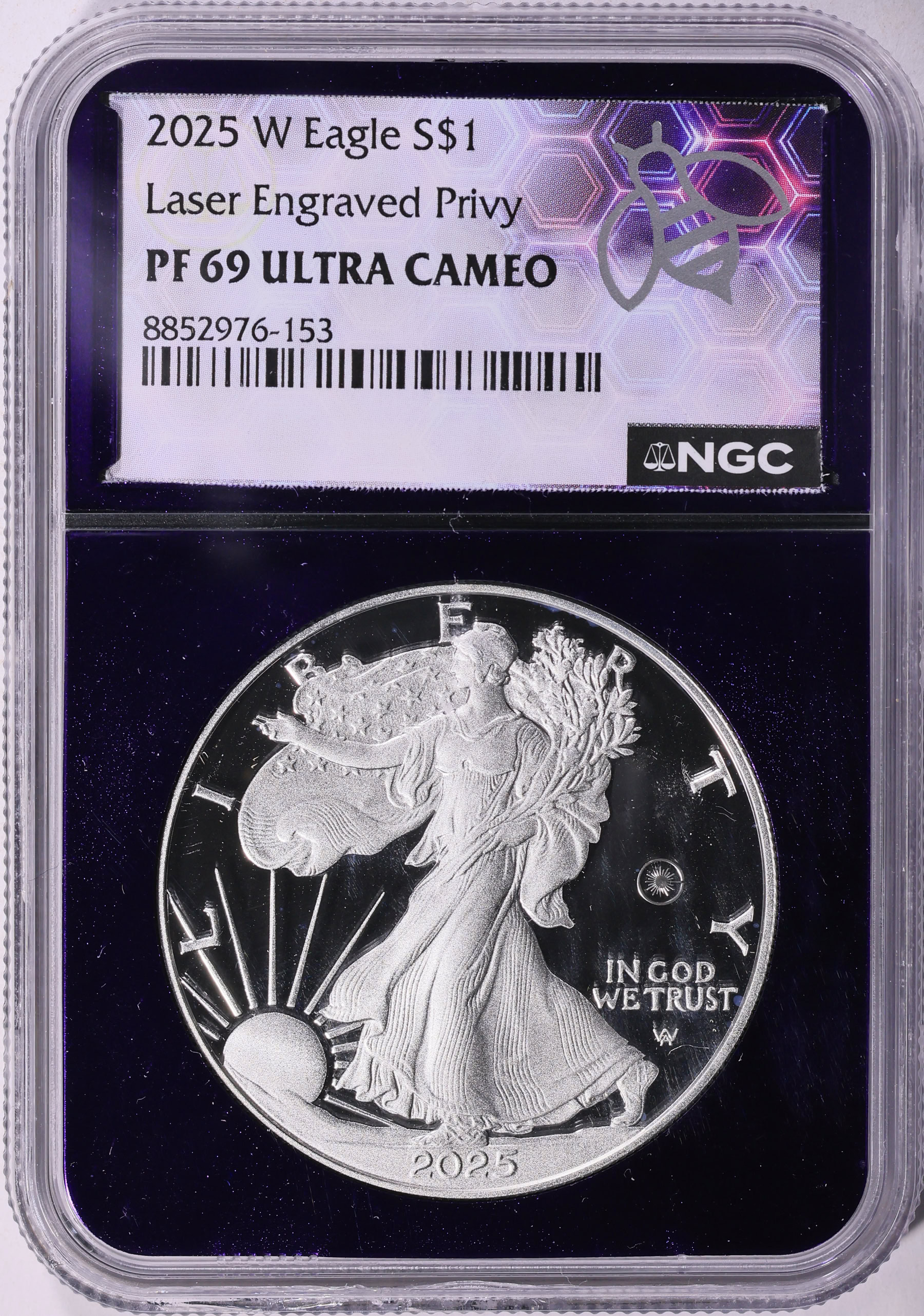 2025-W $1 Silver Eagle Laser Privy NGC Proof-69 UC (Purple Bee