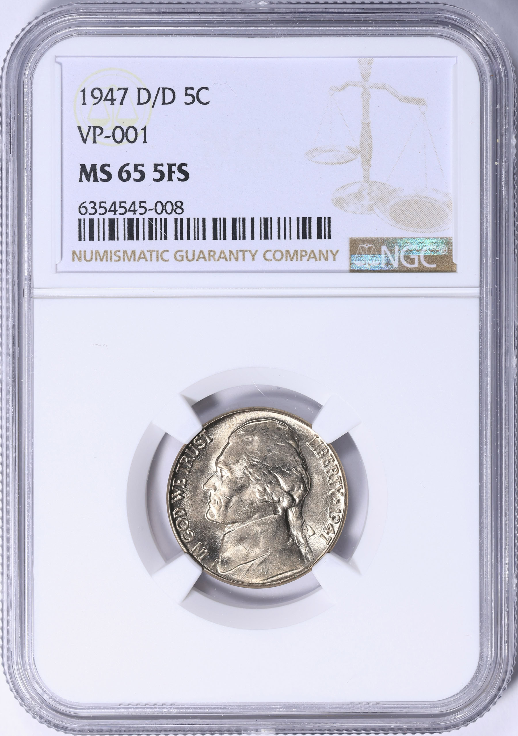 1947-D/D Jefferson Nickel VP-001 NGC MS-65 5FS | NGC Cert #6354545