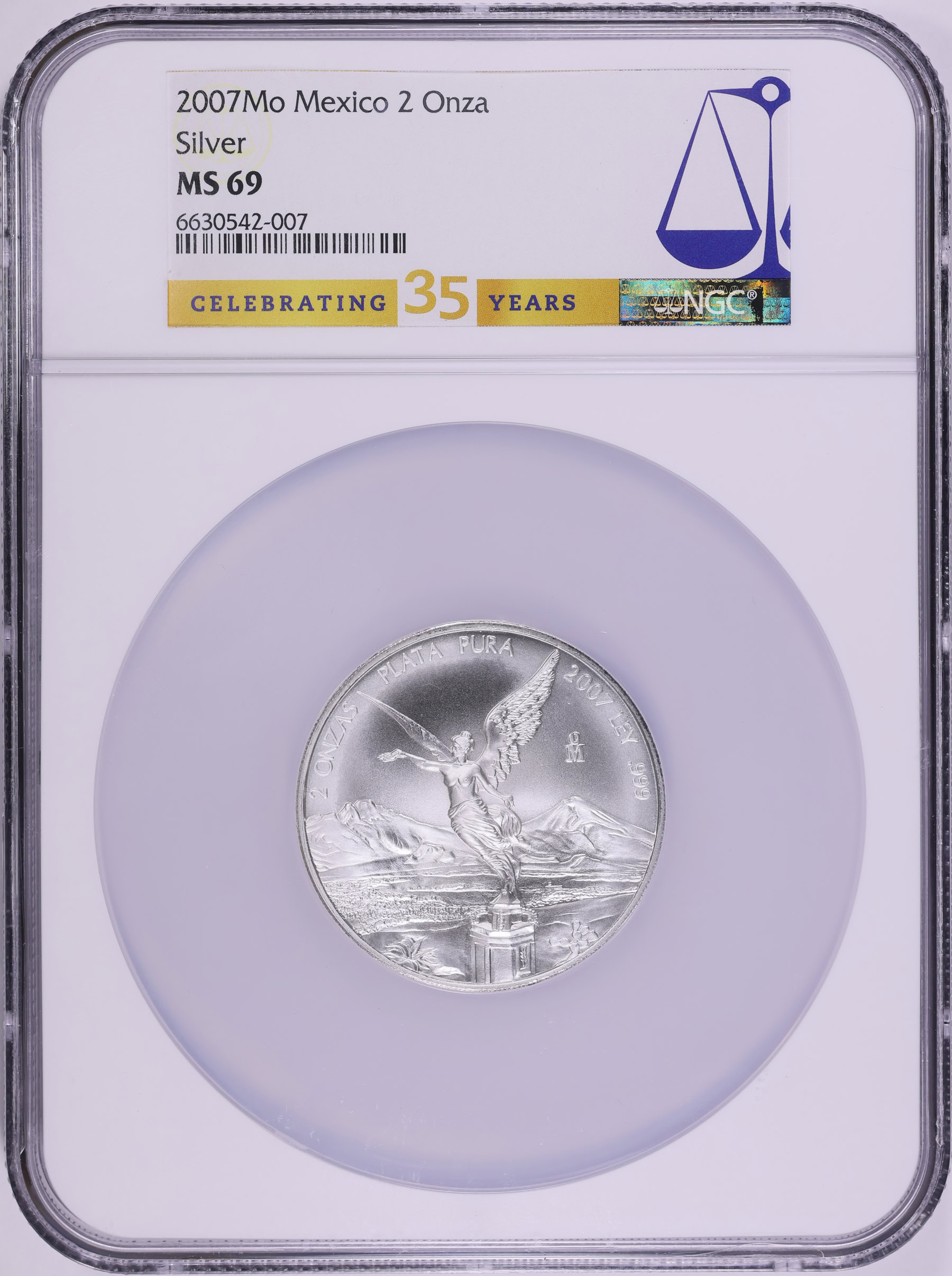 Mexico 2007-Mo Silver 2 Onza Libertad KM-614 NGC MS-69 (ASW