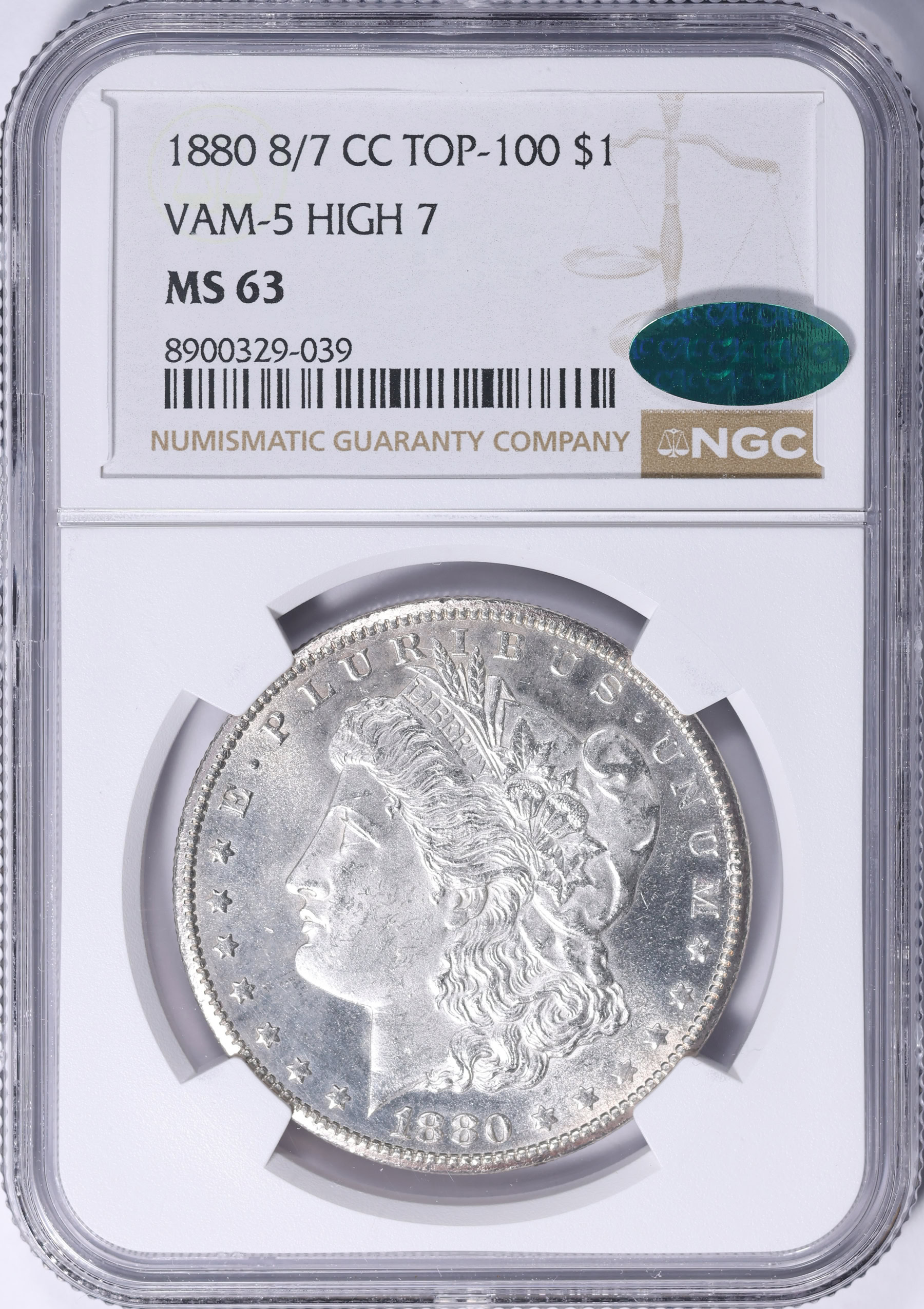 1880-CC Morgan Silver Dollar 8/7 High 7 VAM-5 *Top 100* NGC MS-63