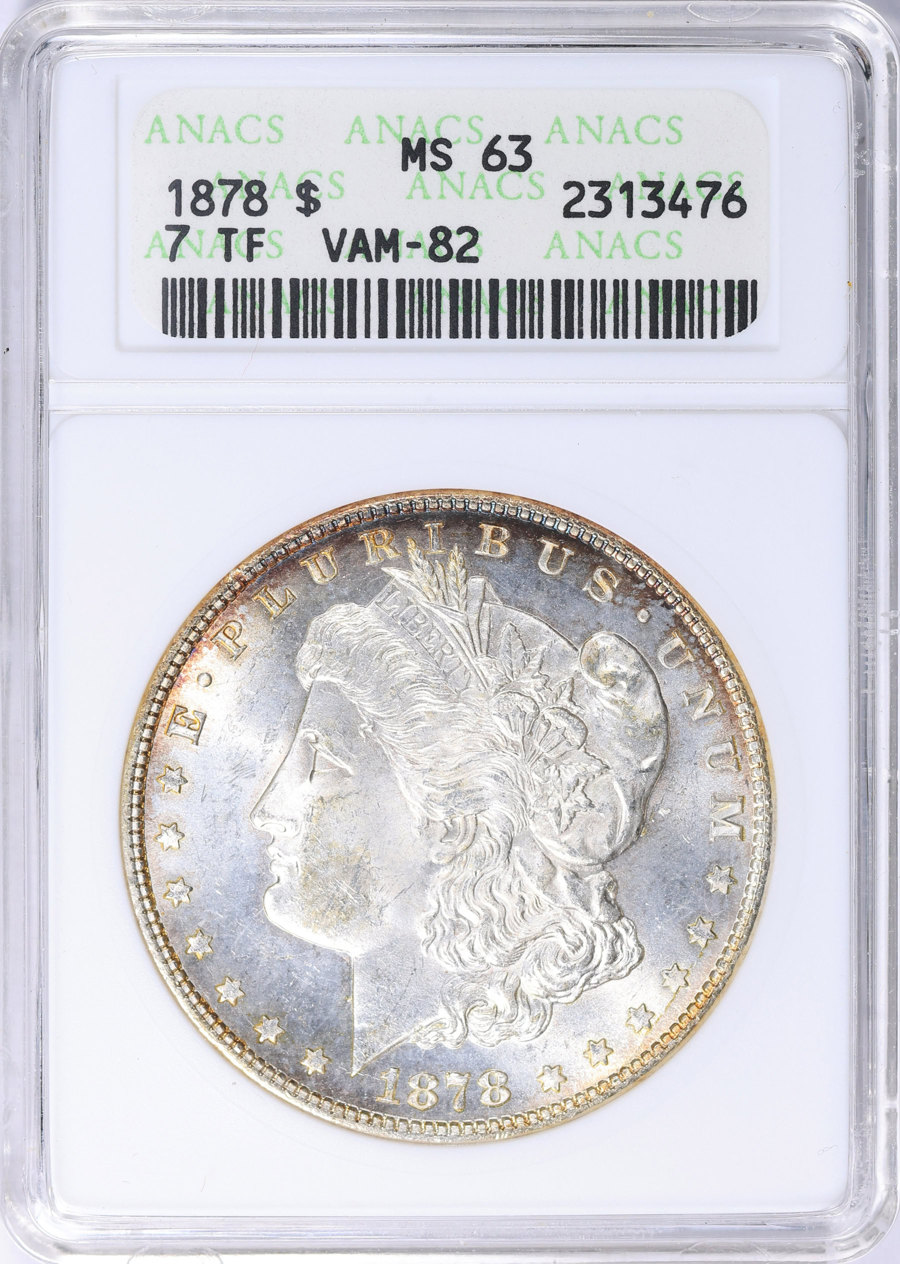 1878 7TF Morgan Silver Dollar VAM-82 ANACS MS-63 OH (Toned) (Item