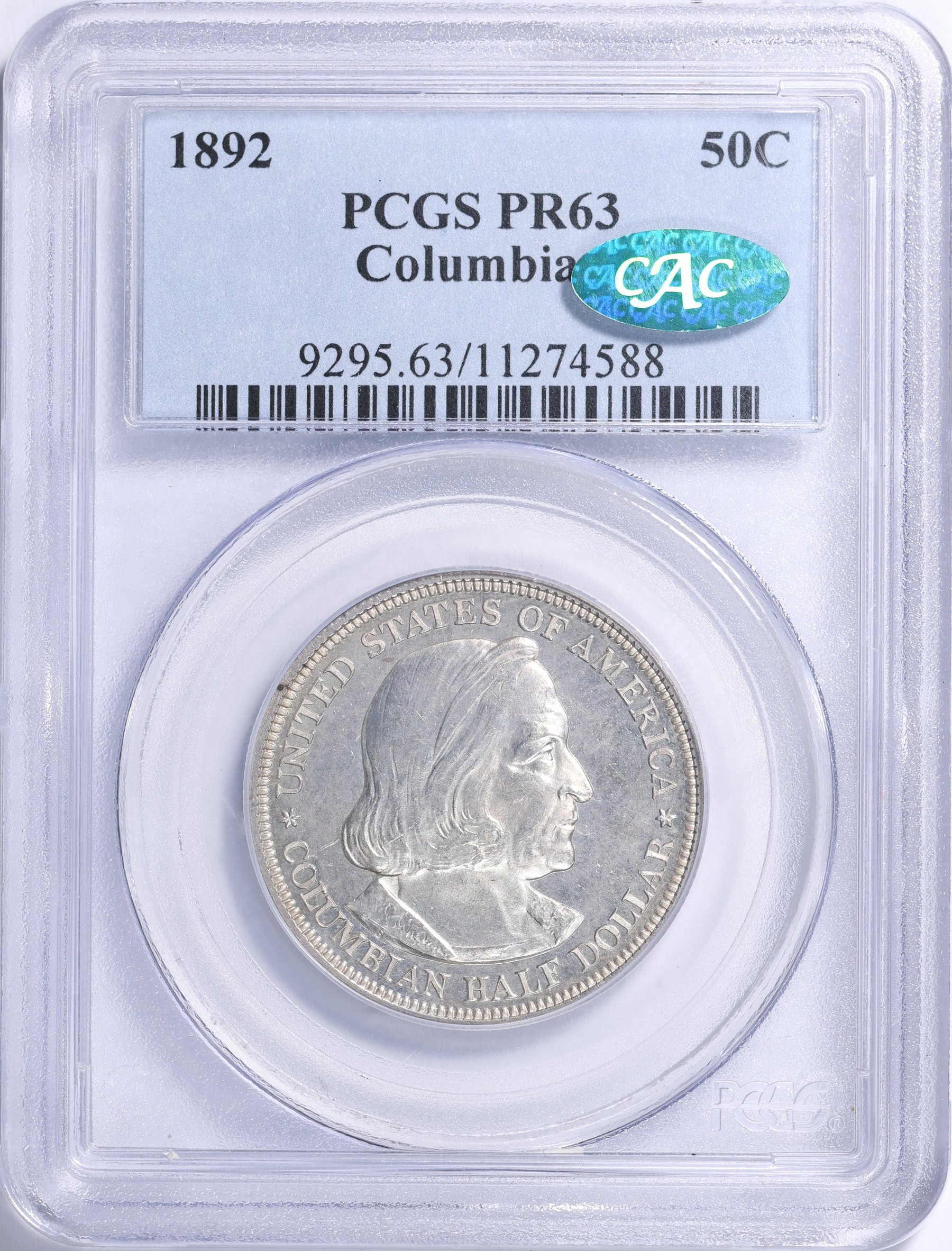 1892 World Columbian Exposition Half Dollar PCGS Proof-63 (CAC