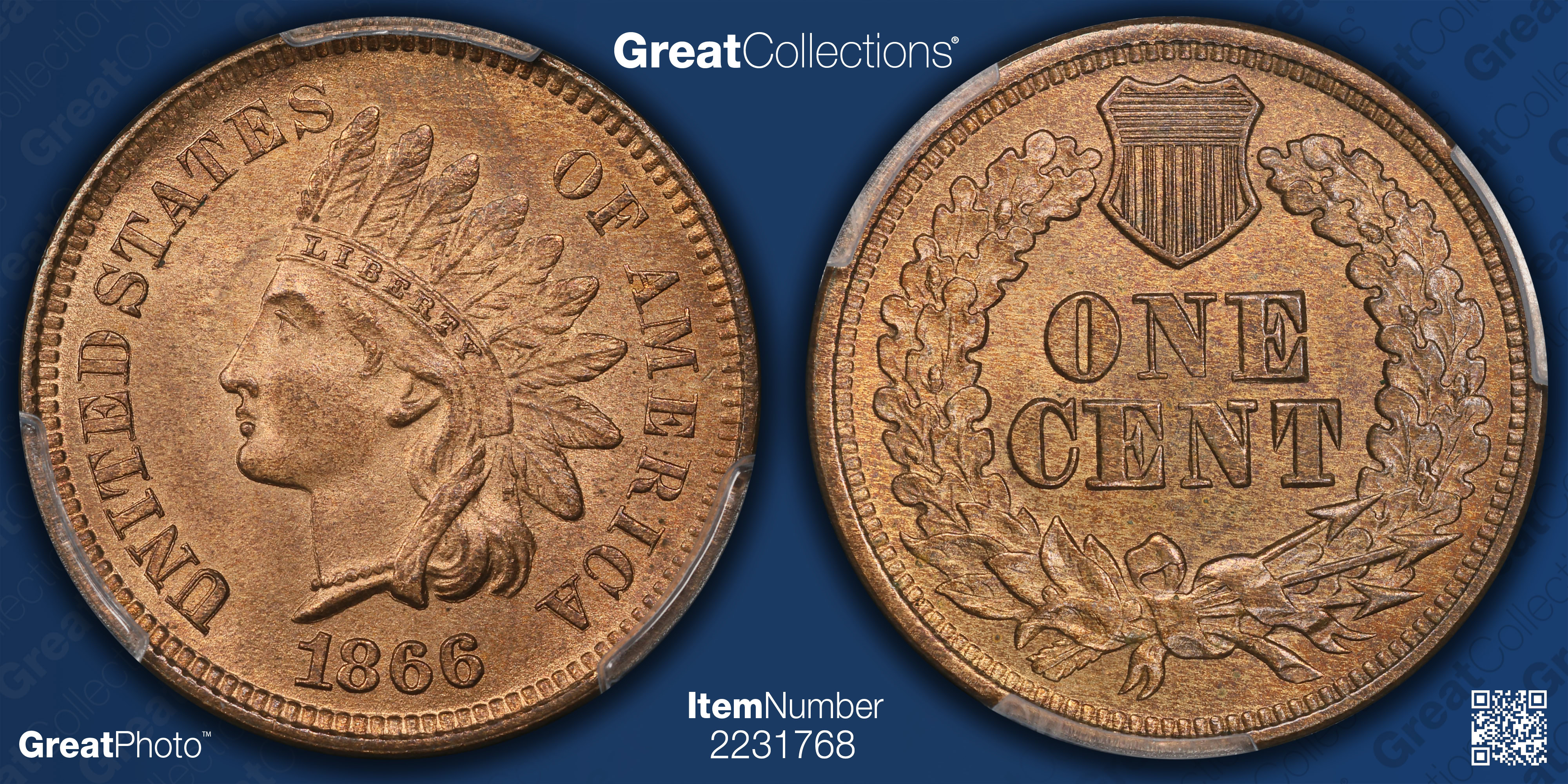 1866 Indian Cent PCGS MS-66 RB (CAC Green) (Item 2231768