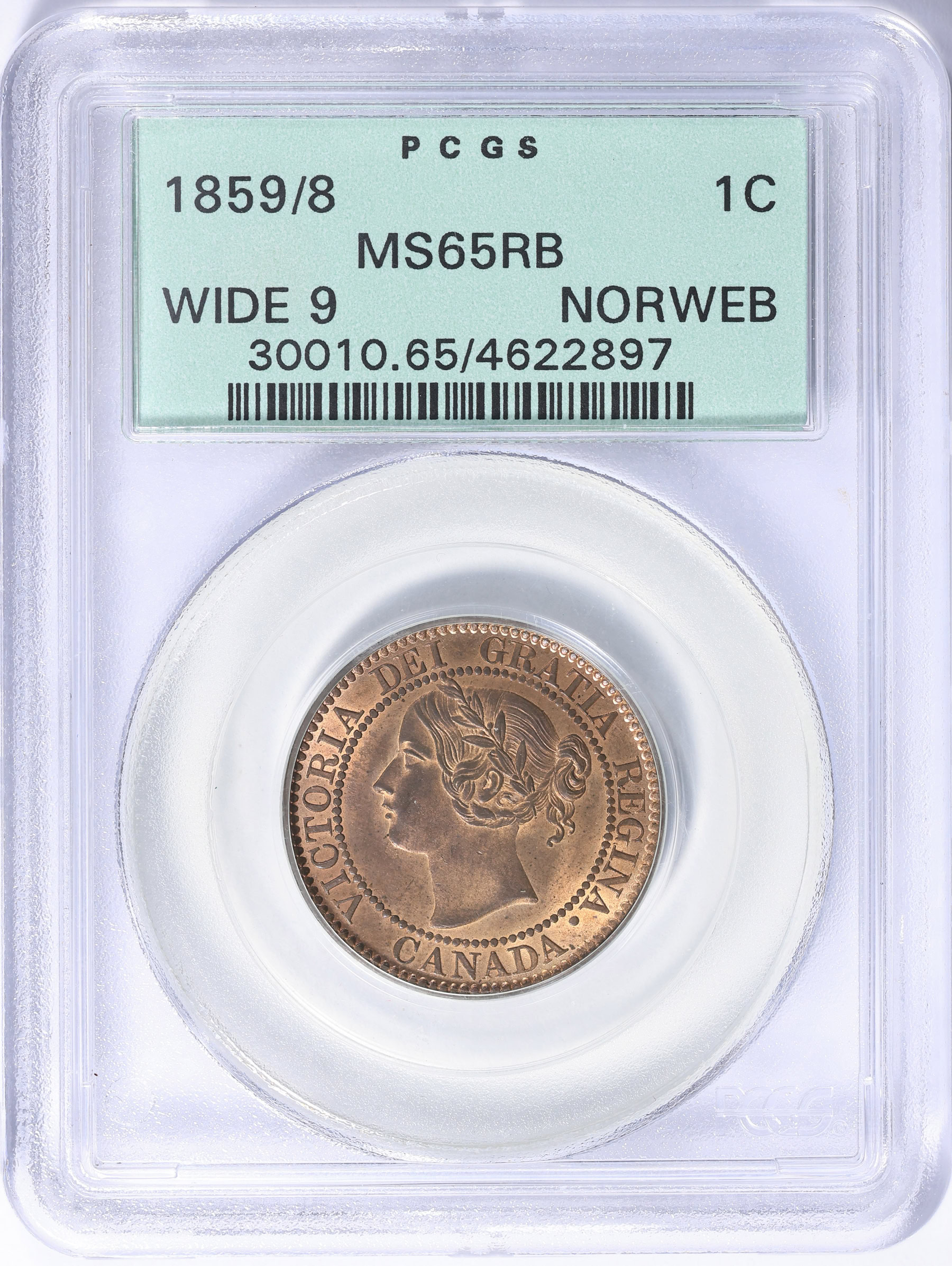 Canada 1859/8 Cent Wide 9 Medallic Axis KM-1 PCGS MS-65 RB OGH (Ex