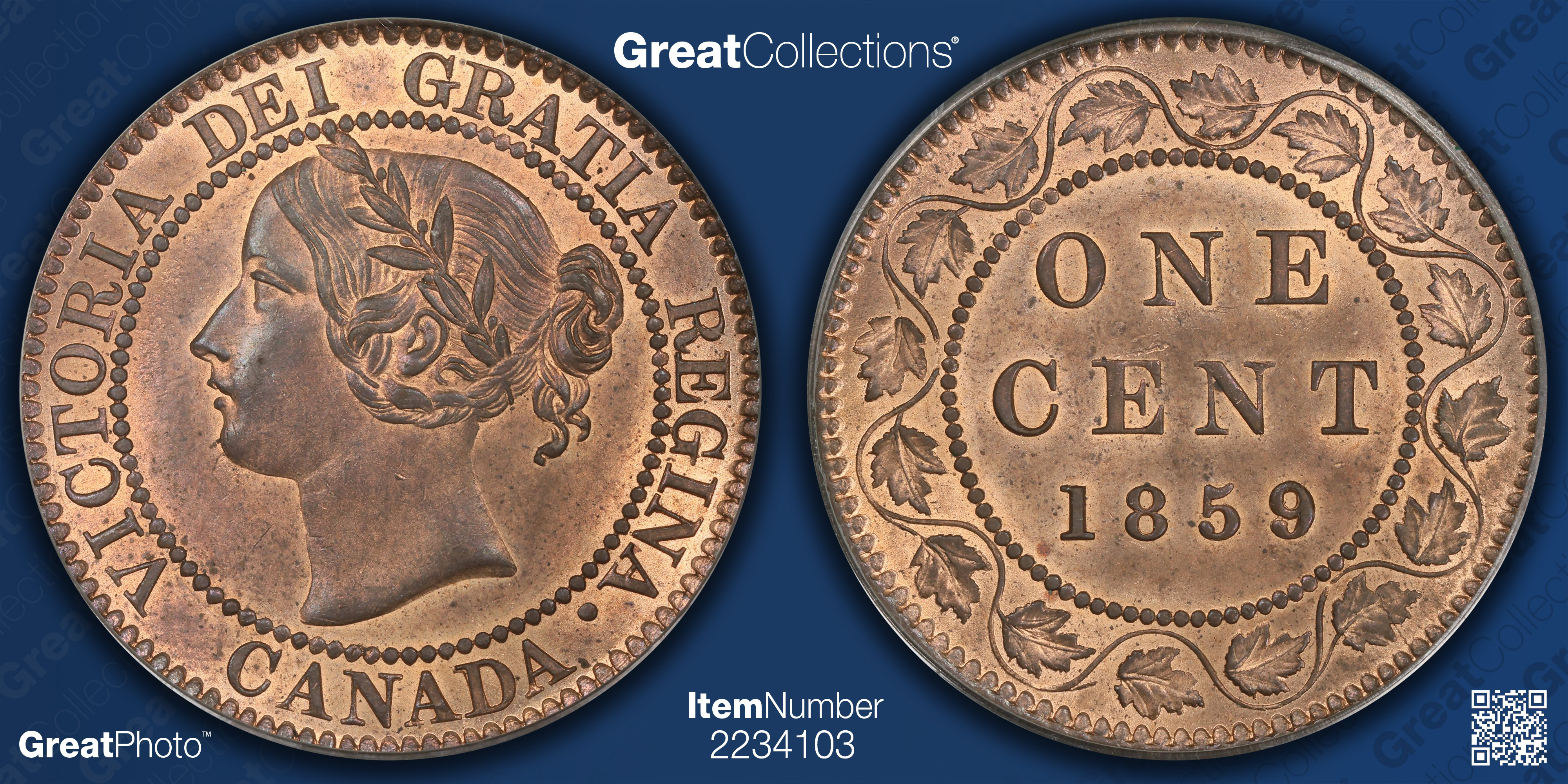 Canada 1859/8 Cent Wide 9 Medallic Axis KM-1 PCGS MS-65 RB OGH (Ex