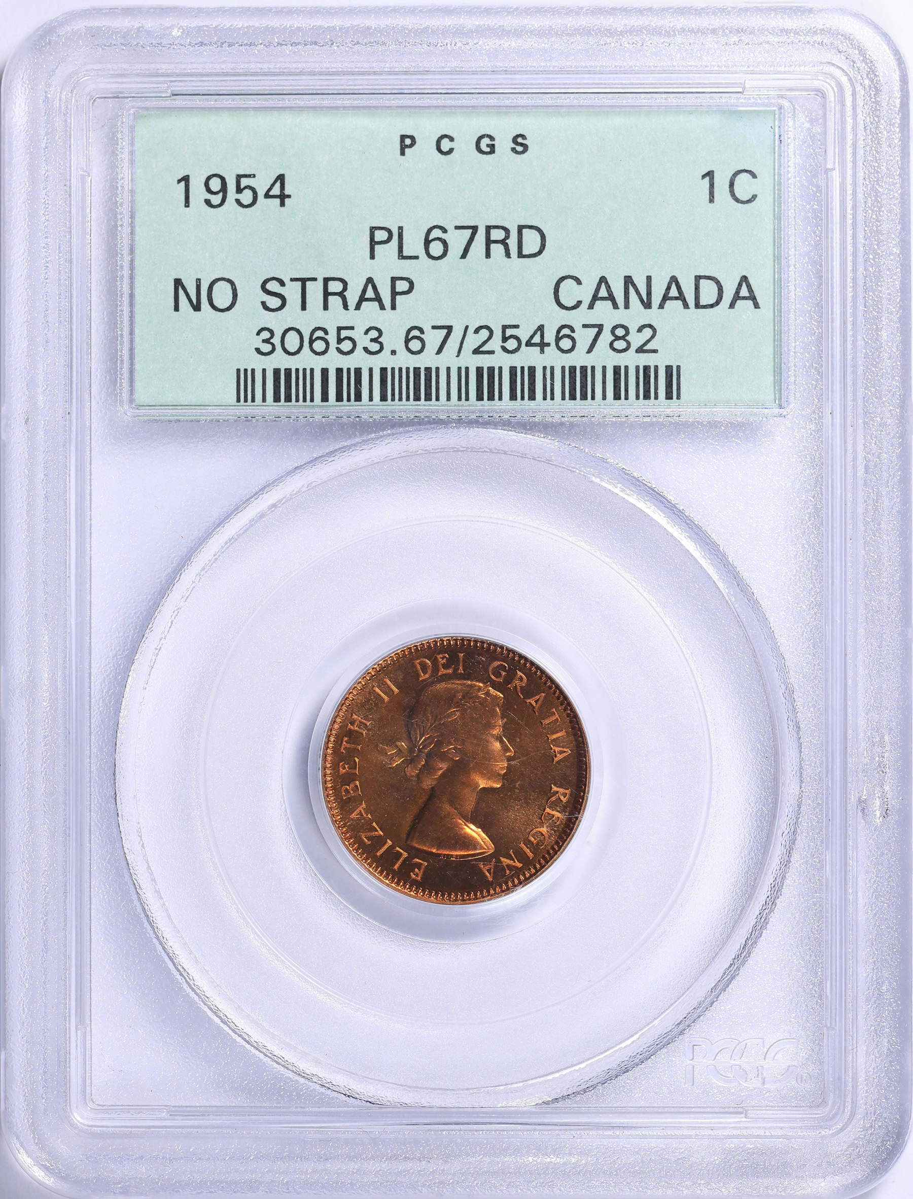 Canada 1954 Cent No Shoulder Strap KM-49 PCGS PL-67 RD OGH (Ex