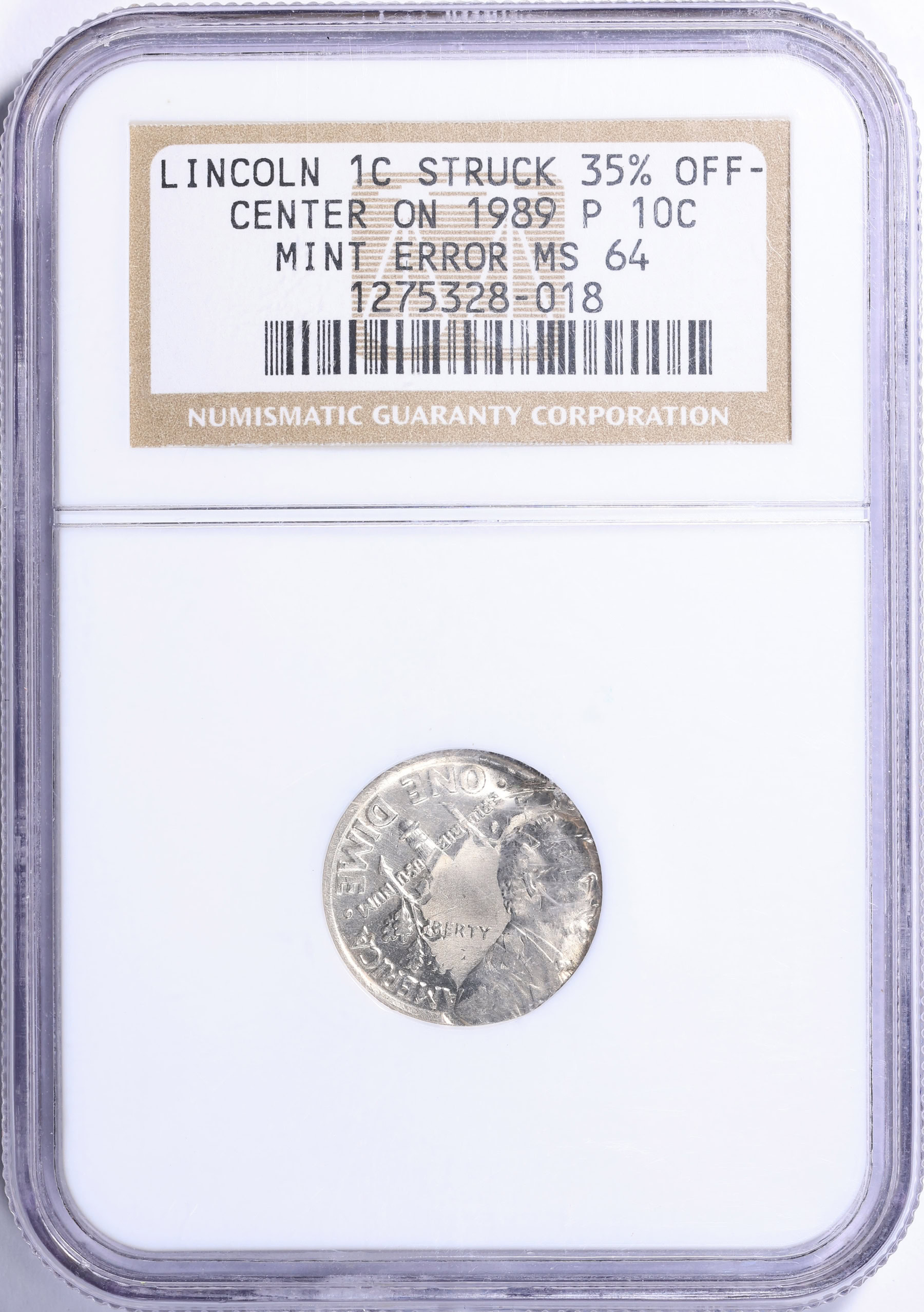 Mint Error ND Lincoln Cent Struck 35% Off-Center on 1989-P 10c NGC