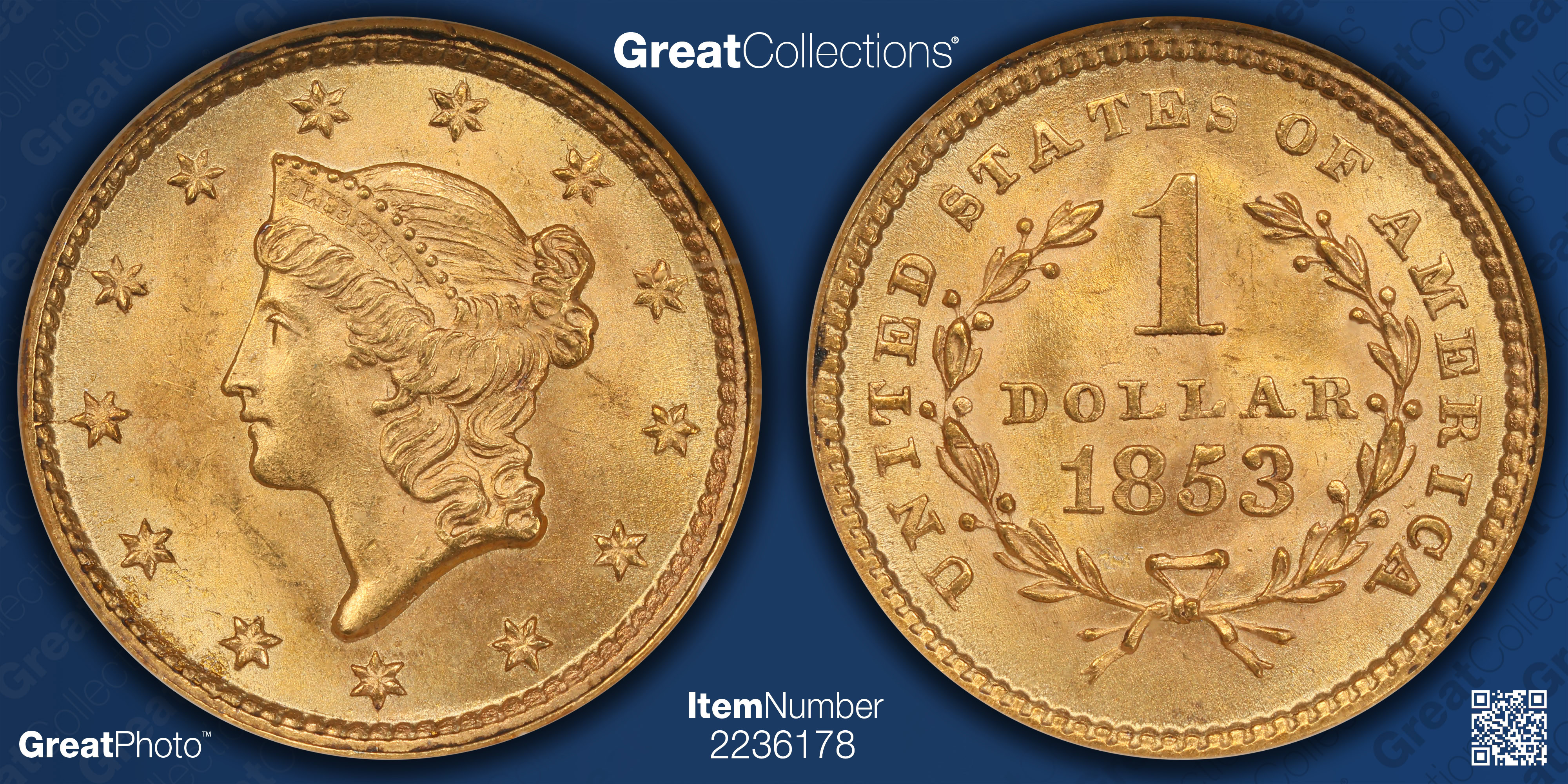 1853 Liberty Gold Dollar NGC MS-65 (CAC Green) OH (Item 2236178