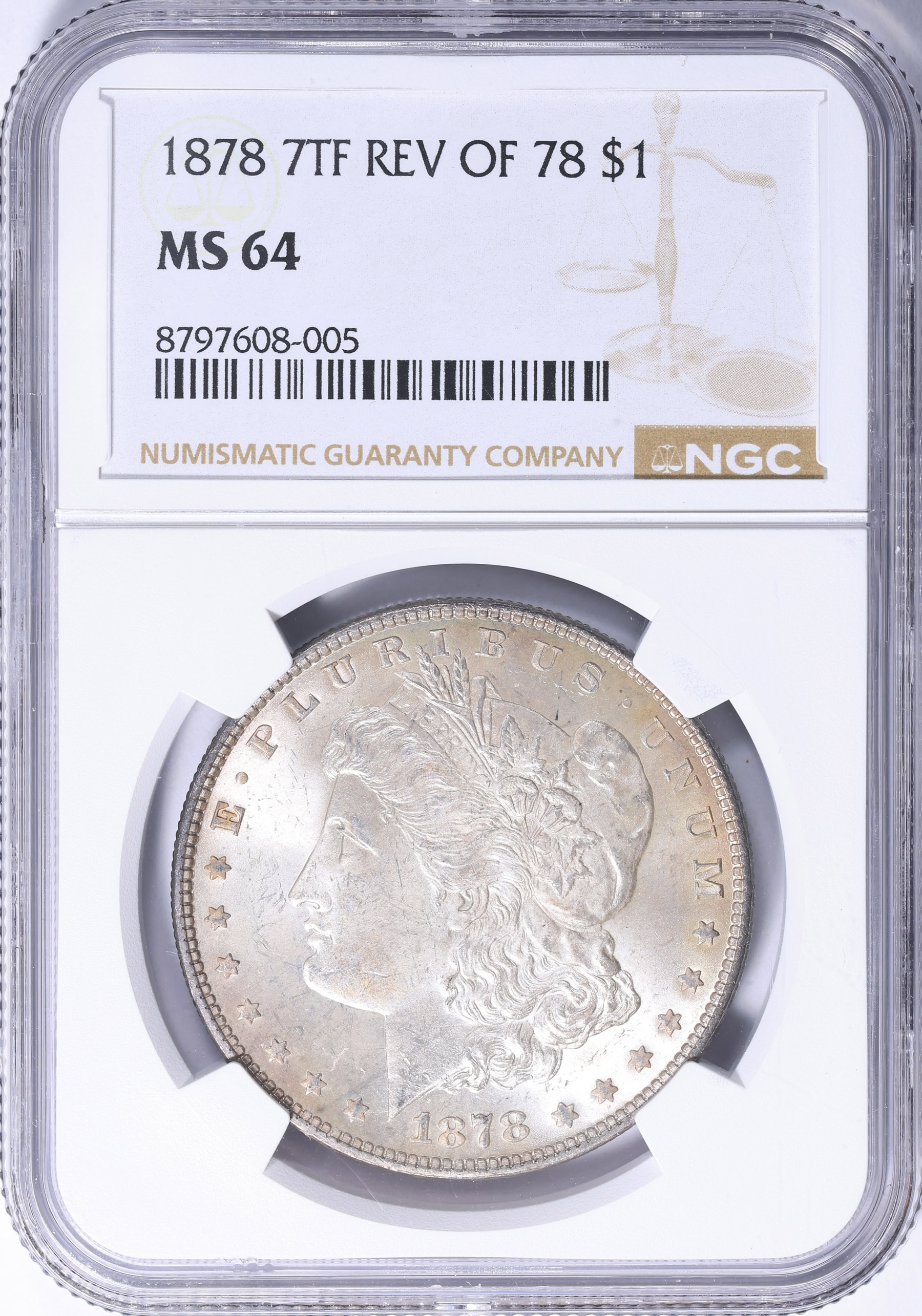 1878 7TF Morgan Silver Dollar Reverse of 1878 NGC MS-64 (Toned