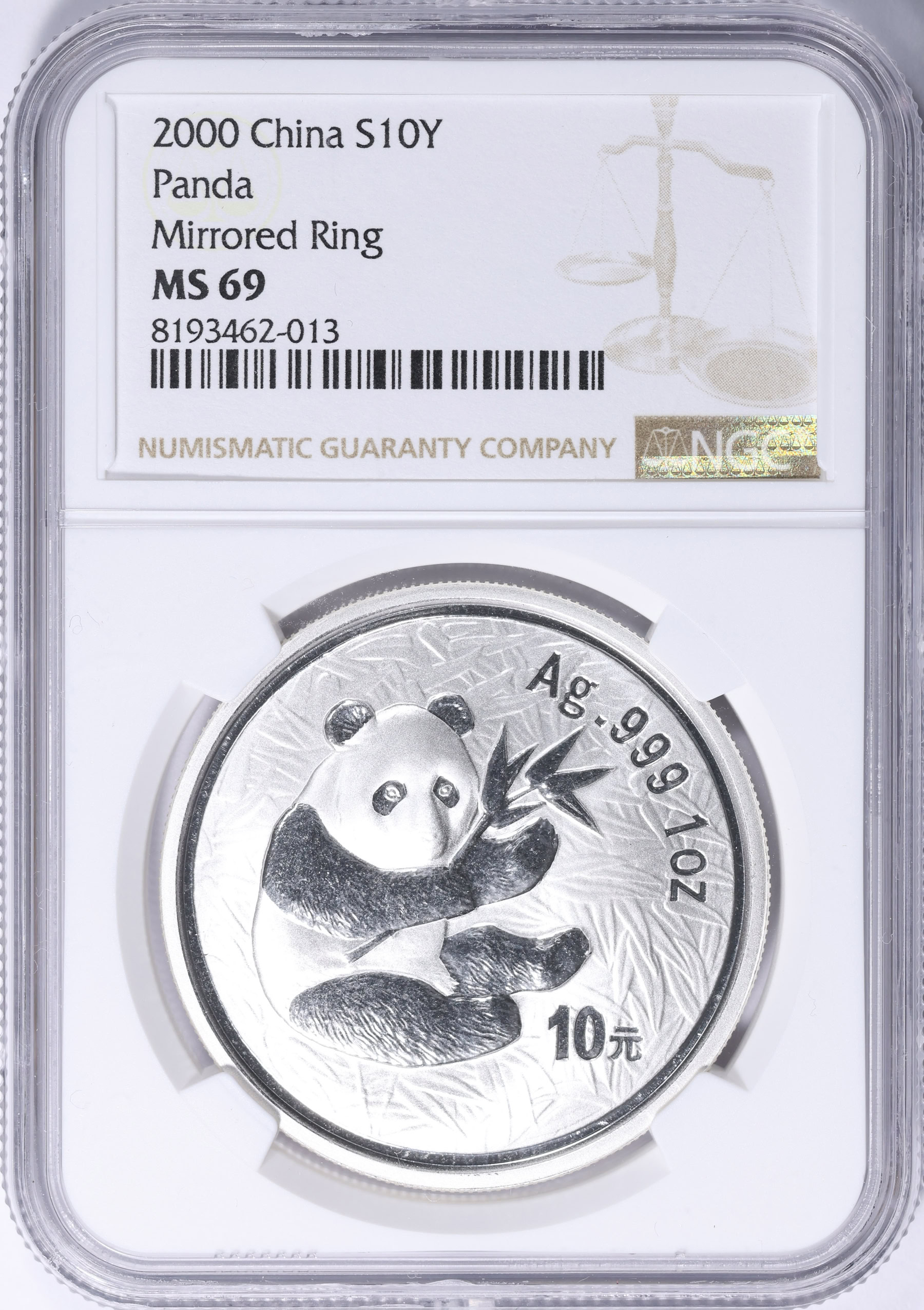 China 2000 Silver 10 Yuan Panda Mirrored Ring KM-1310 NGC MS-69