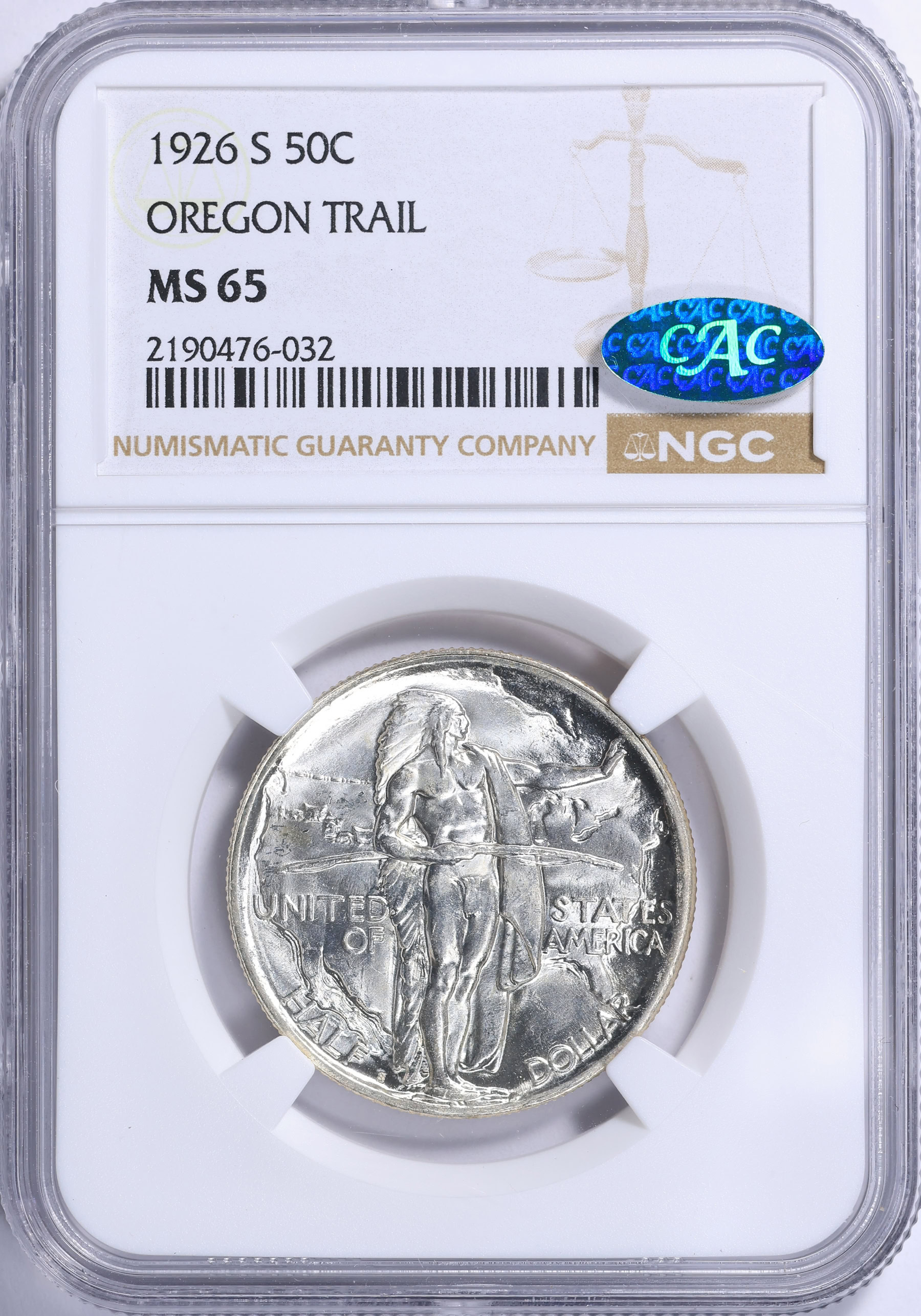 1926-S Oregon Trail Memorial Half Dollar NGC MS-65 (CAC Green