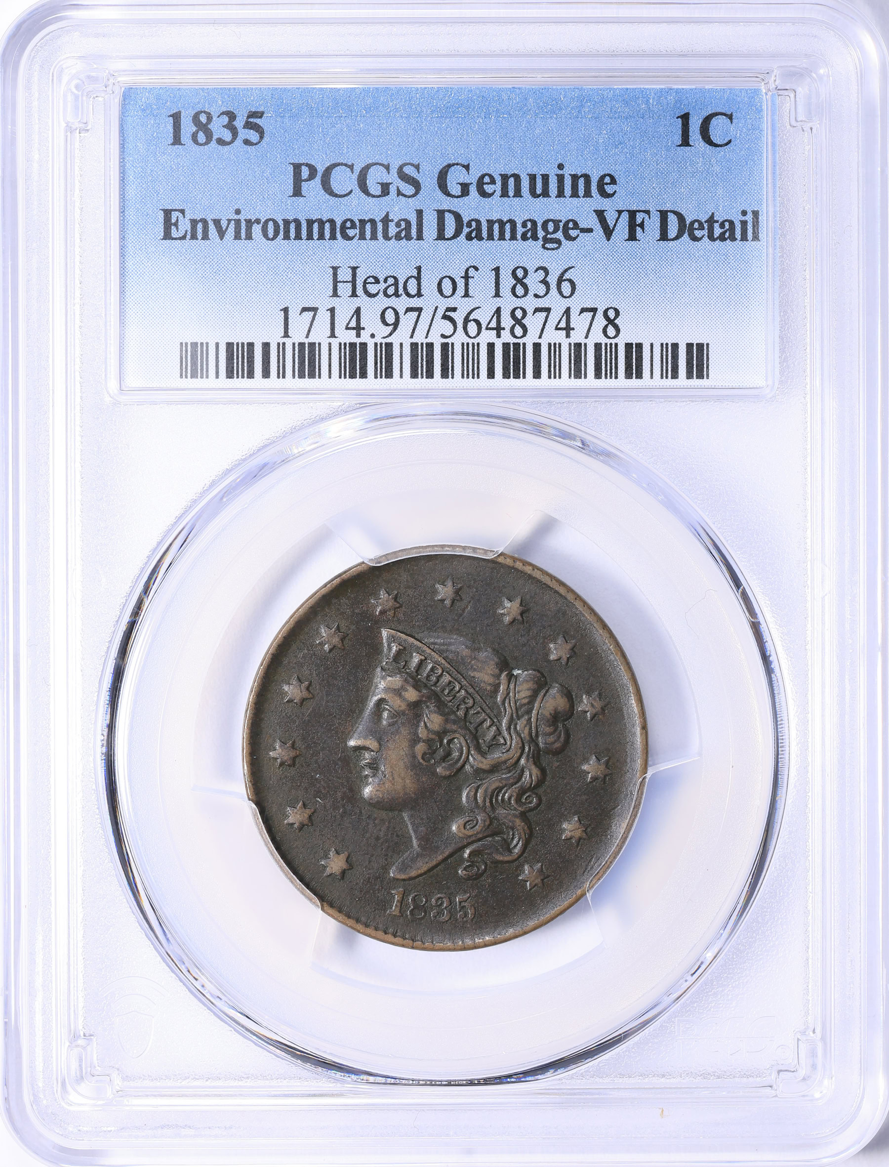 1835 Matron Cent Head of 1836 PCGS Genuine VF Details (Item