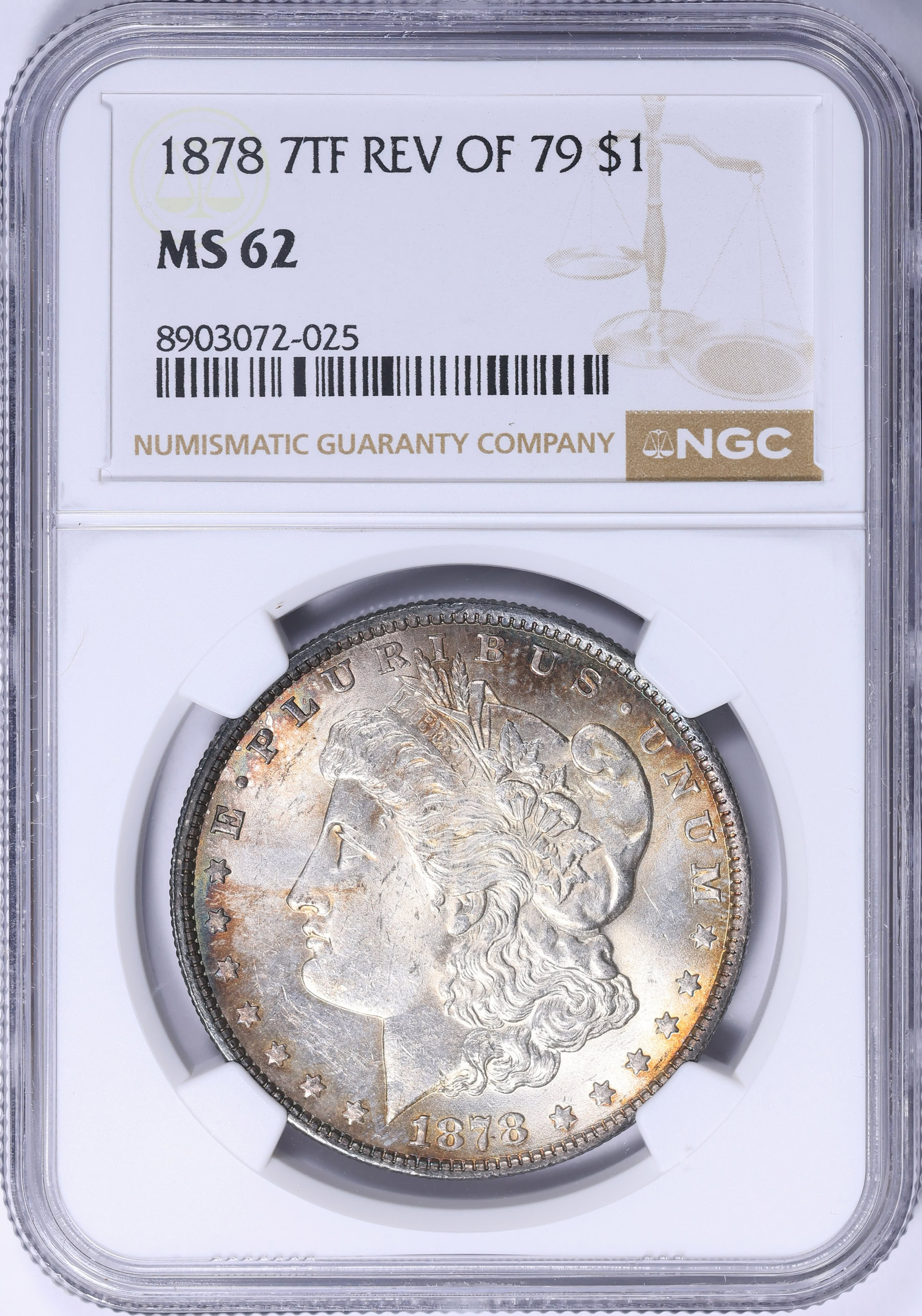 1878 7TF Morgan Silver Dollar Reverse of 1879 NGC MS-62 (Toned