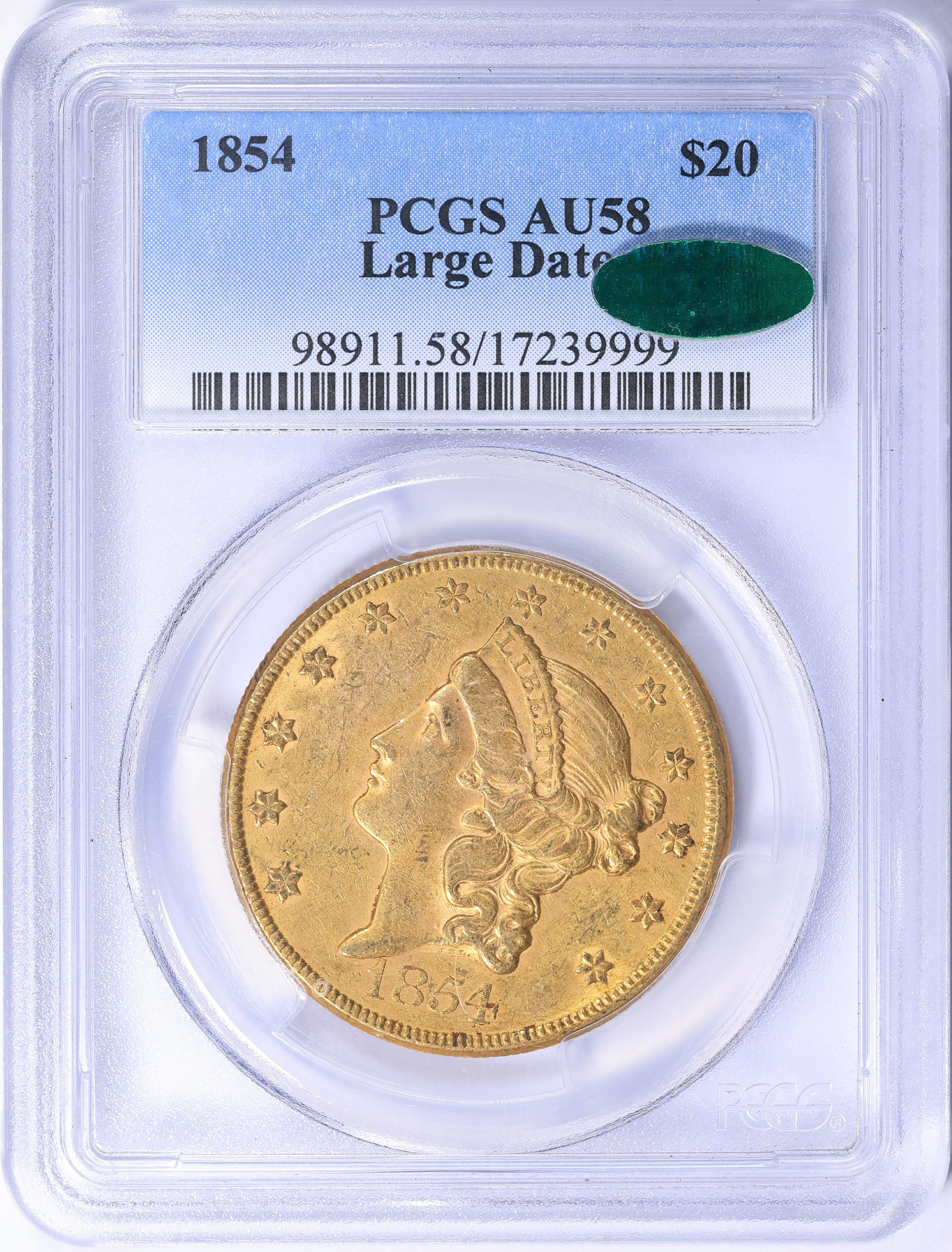 1854 Liberty Gold Double Eagle Large Date PCGS AU-58 (CAC Green