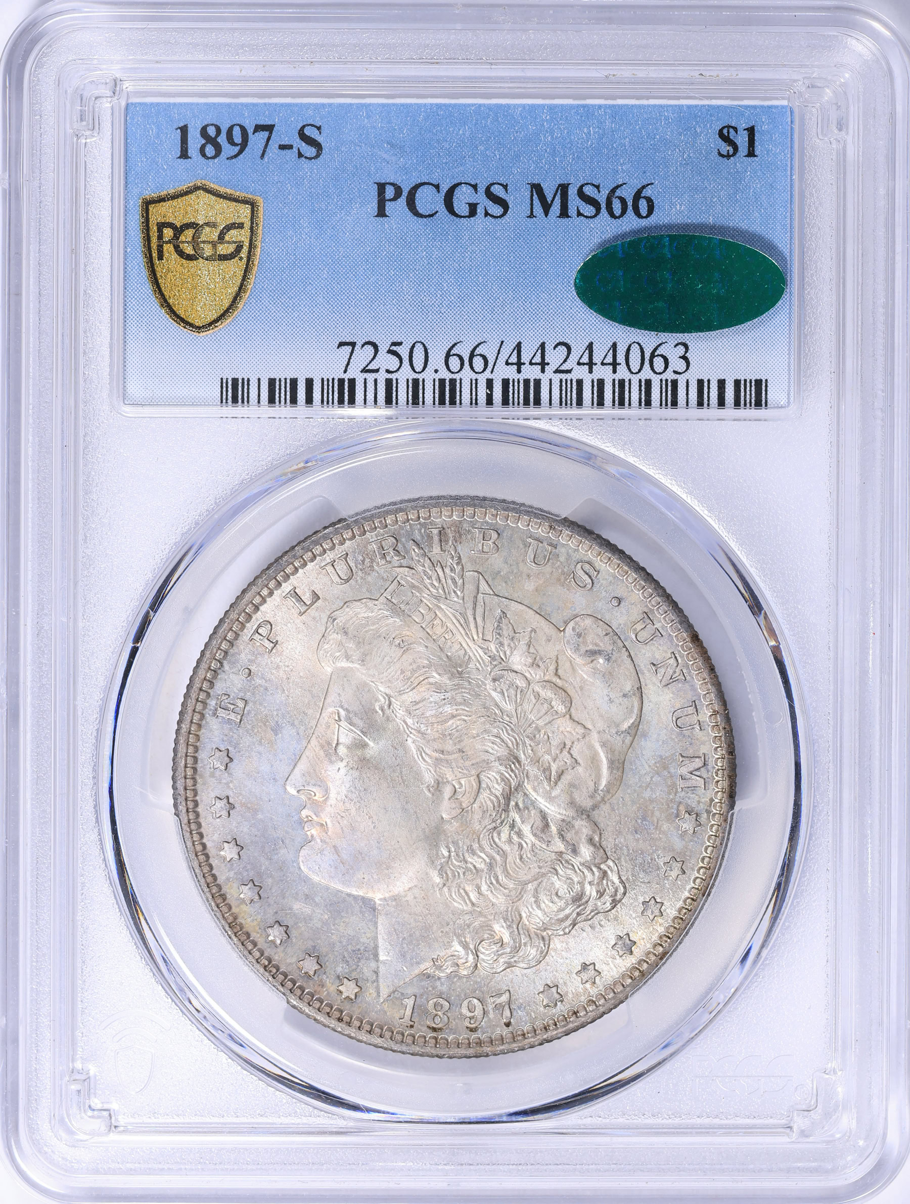 【PCGS MS66／POP1】1999年 ポルトガル 200エスクード626 1897-S Morgan Silver Dollar PCGS MS-66 (CAC Green) (Toned) (Item