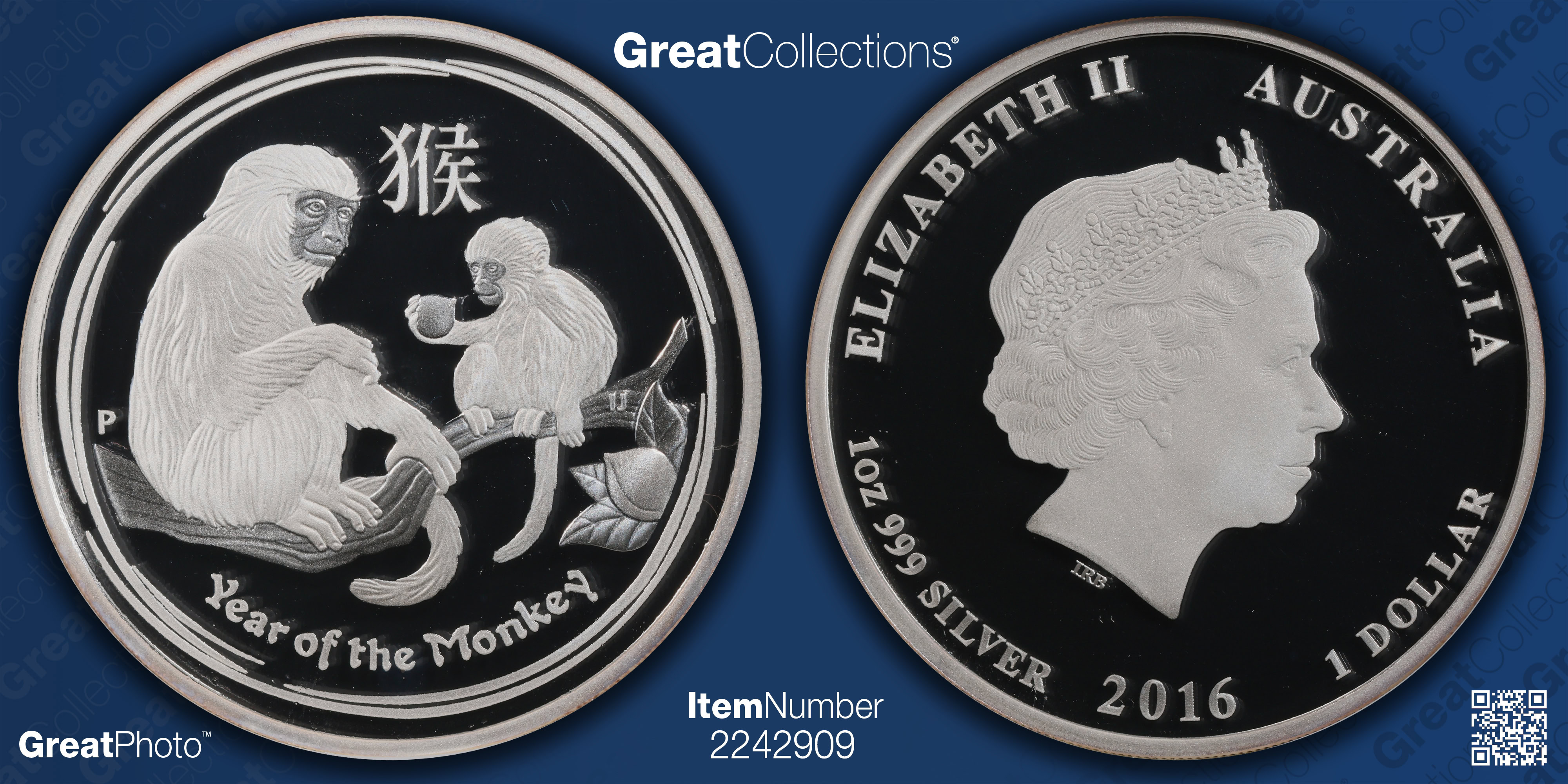 Australia 2016-P Silver Dollar Lunar Series, Year of the Monkey KM