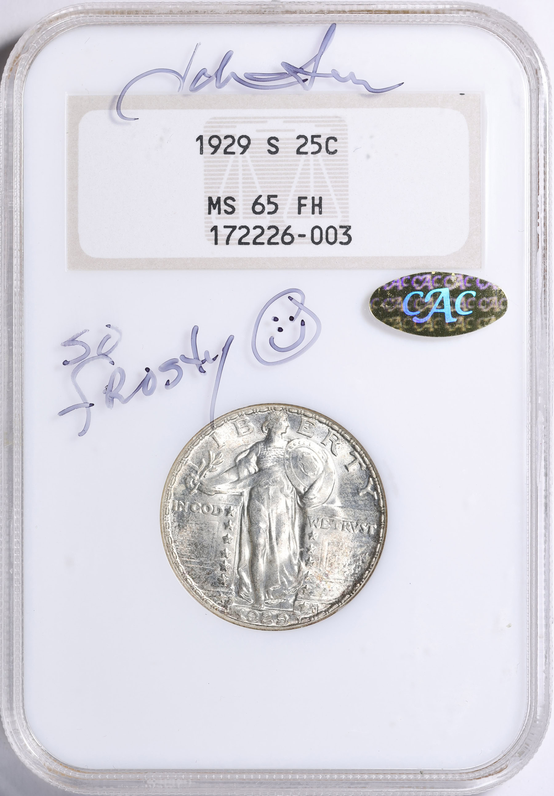 1929-S Standing Liberty Quarter NGC MS-65 FH (CAC Gold) OH (Hand