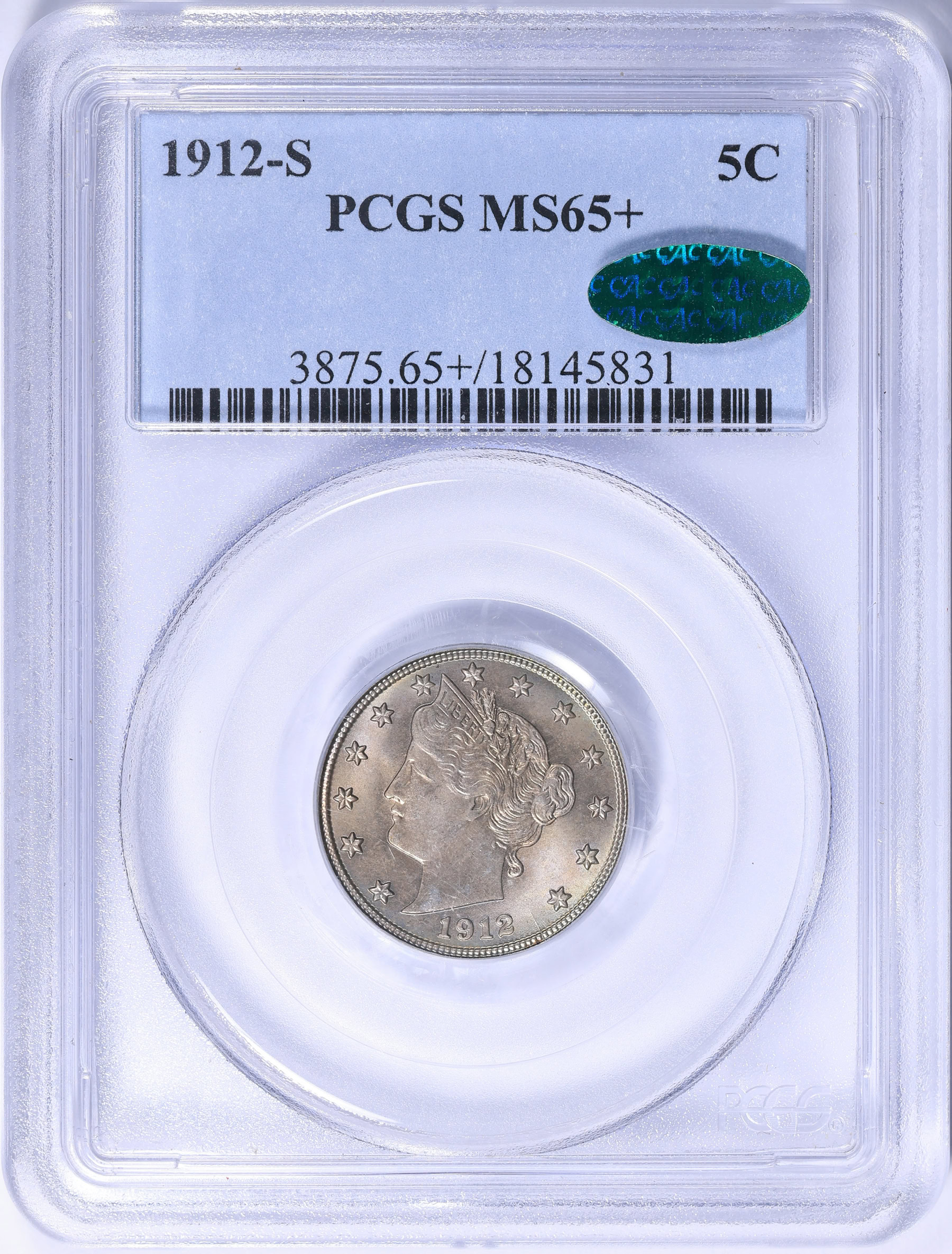 1912-S Liberty Nickel PCGS MS-65+ (CAC Green) (Item 2244062