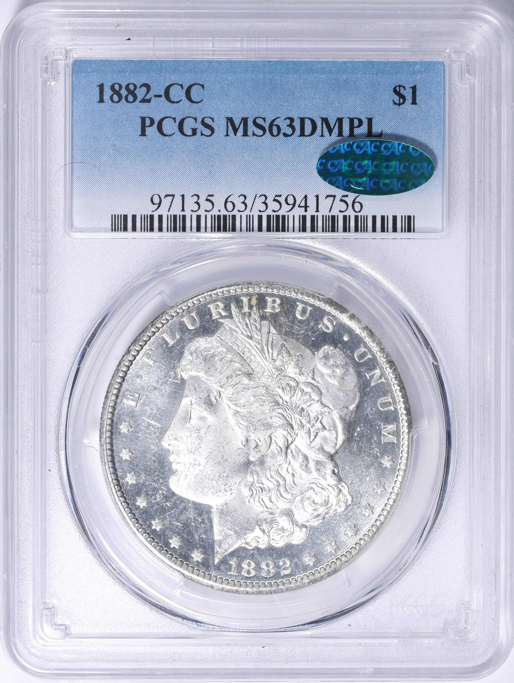 1882-CC Morgan Silver Dollar PCGS MS-63 DMPL (CAC Green) (Item
