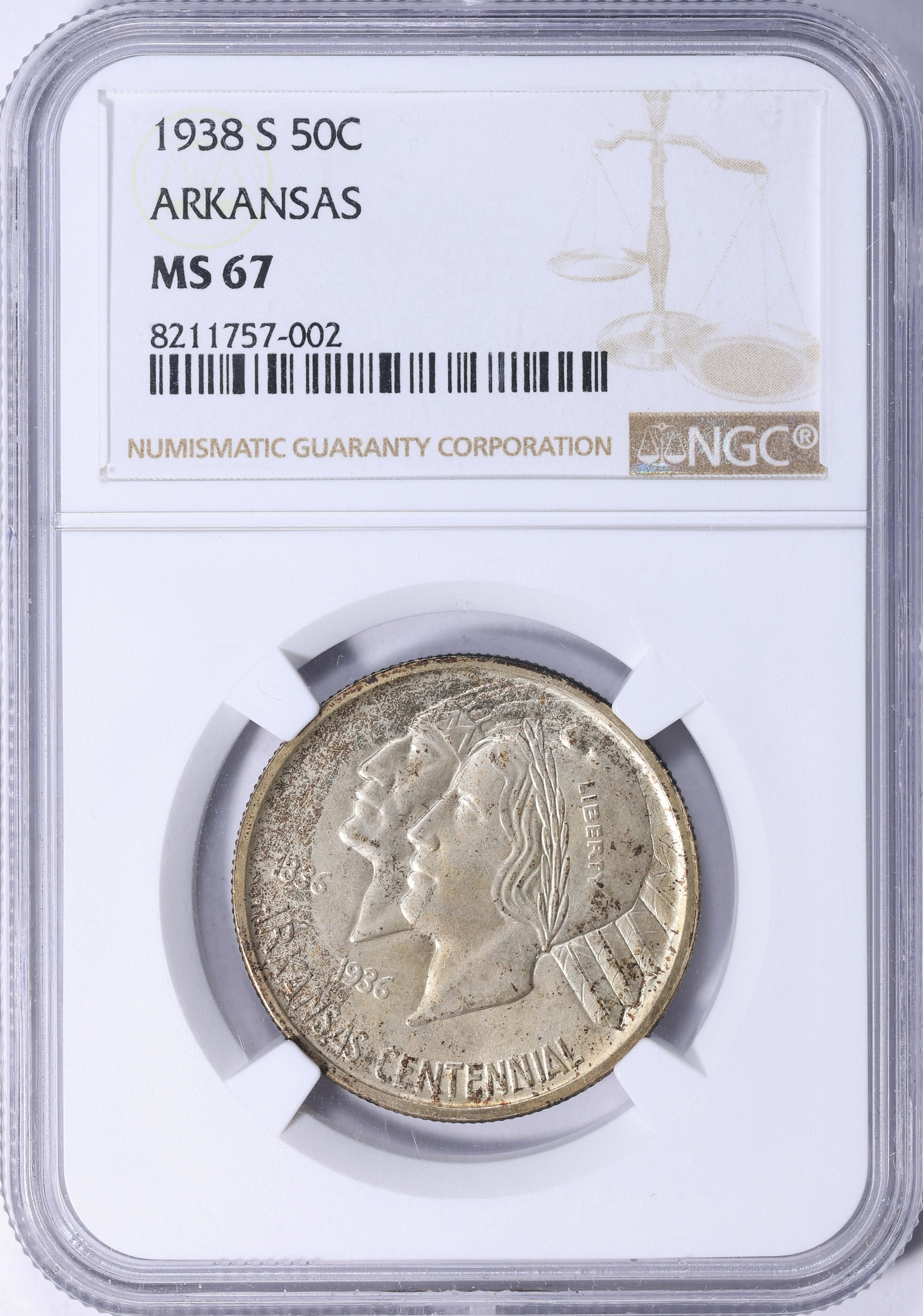 マーキュリーアヌビス 85XF レア 1938-S Arkansas Centennial Half Dollar NGC MS-67 (Item 2244159