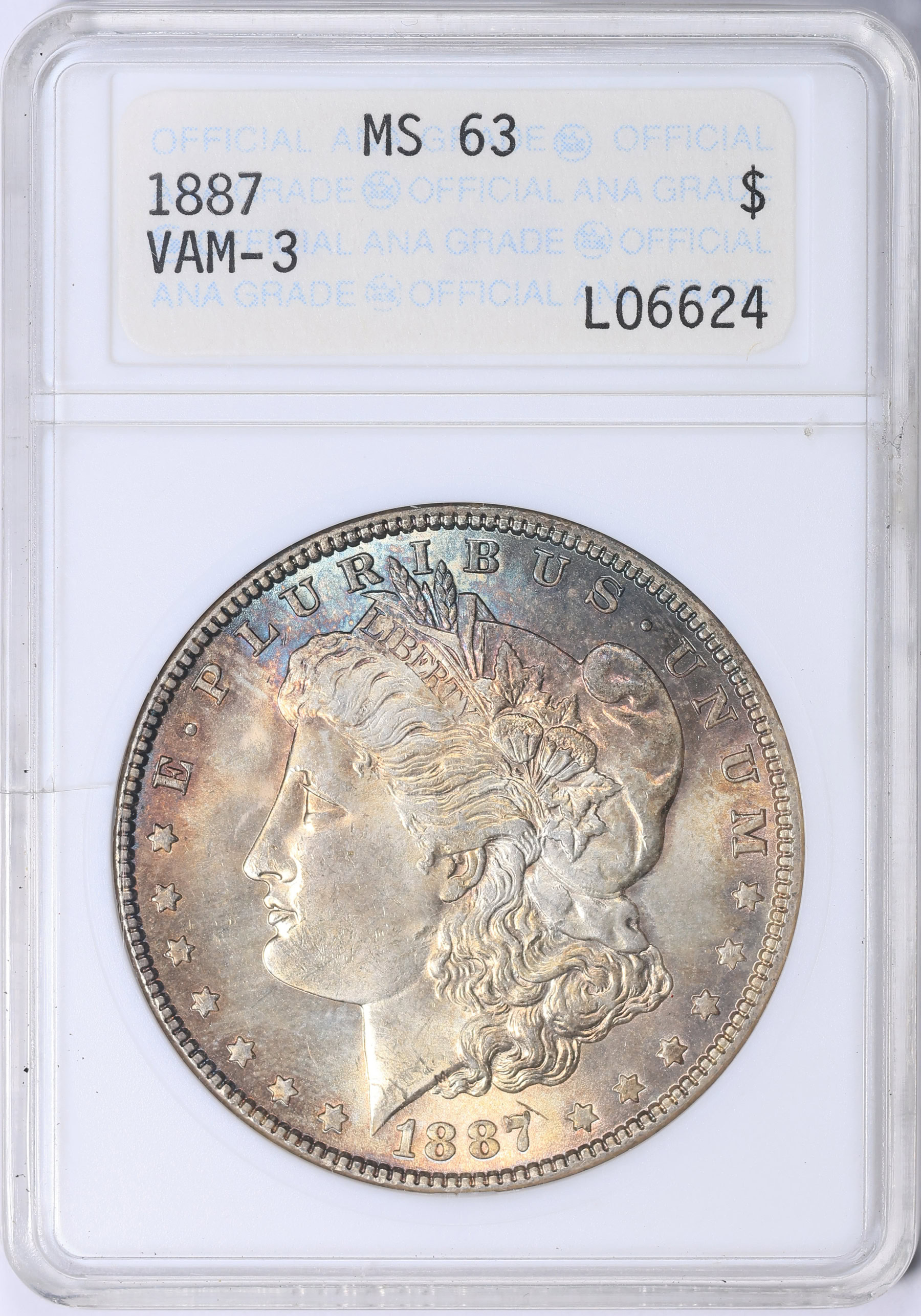 1887 Morgan Silver Dollar VAM-3 ANACS MS-63 OH (Toned) (Item