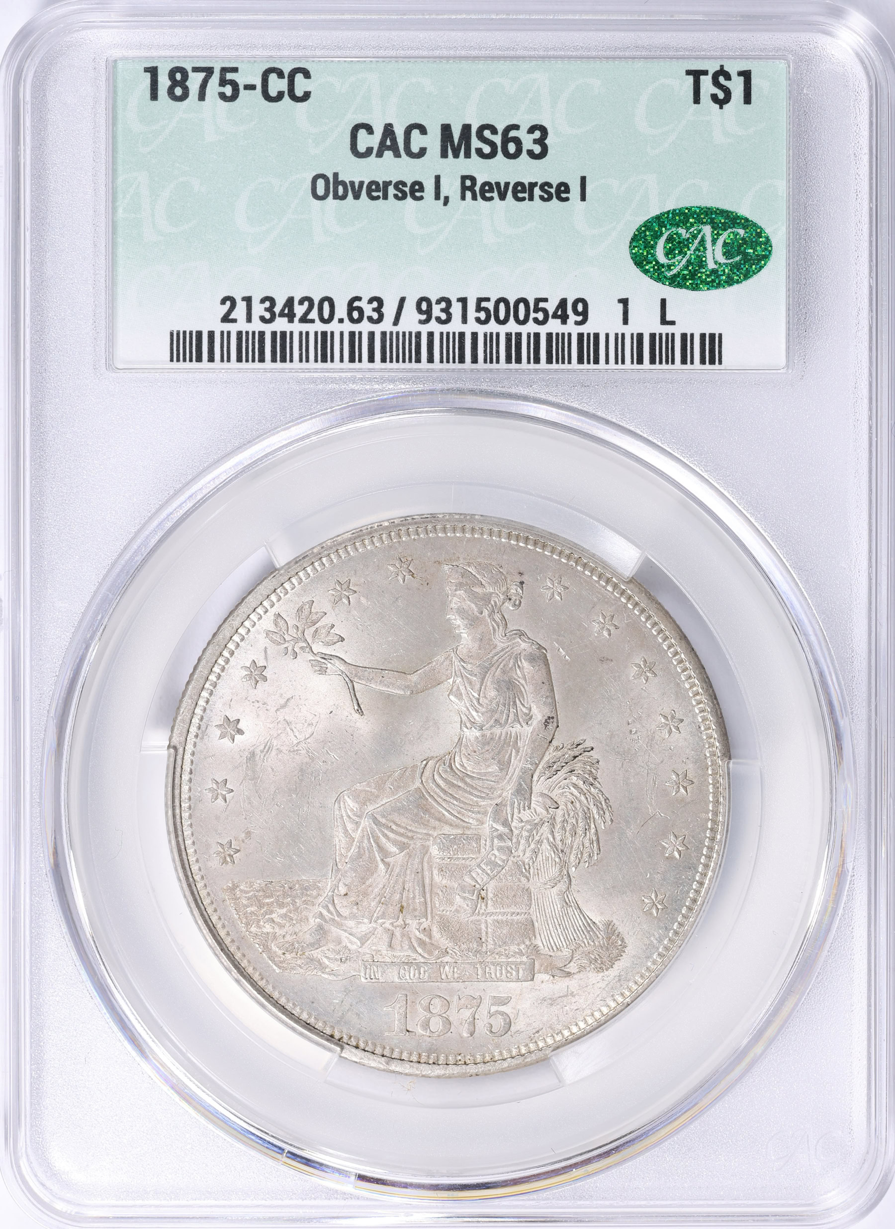 1875-CC Trade Silver Dollar Obverse 1, Reverse 1 CACG MS-63 (Item