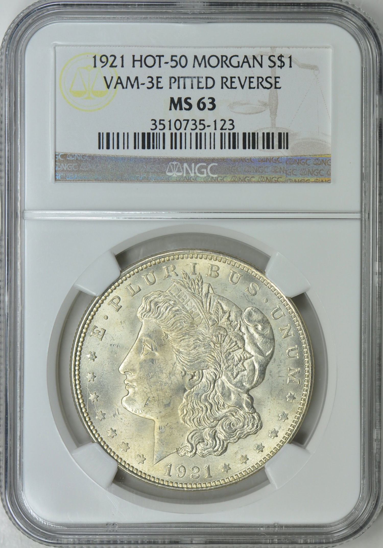 1921 Morgan Silver Dollar VAM-3E Pitted Reverse Hot 50 NGC MS-63