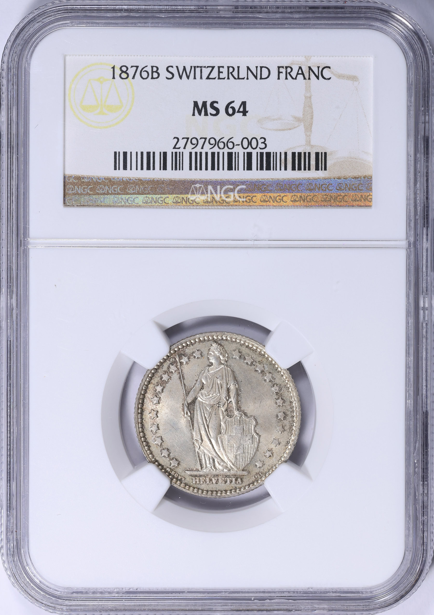 Switzerland 1876-B Silver Franc KM-24 NGC MS-64 (Item 2248162