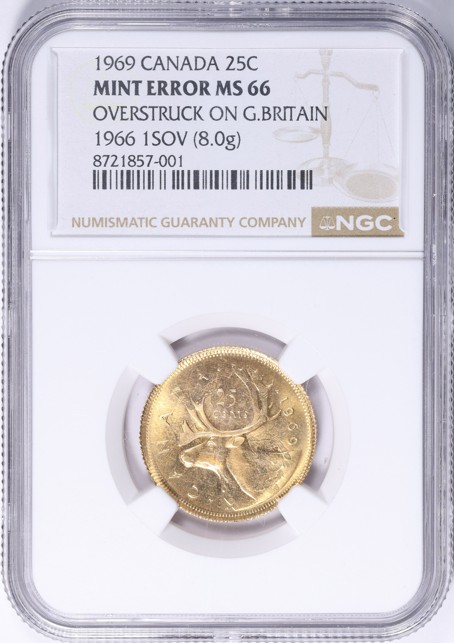 Canada Mint Error 1969 25 Cents Overstruck on 1966 Great Britain