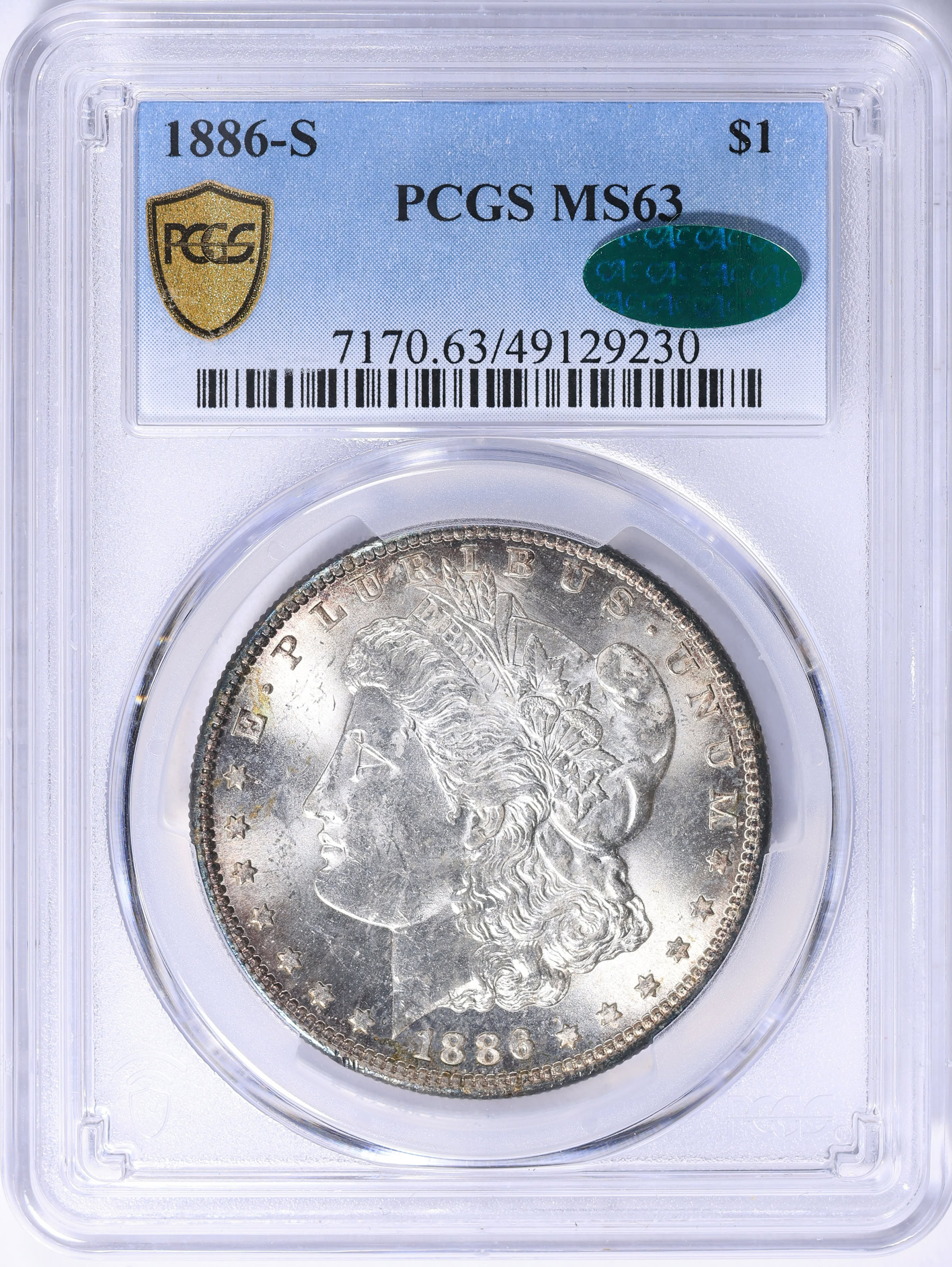 1886-S Morgan Silver Dollar PCGS MS-63 (CAC Green) (Toned) (Item