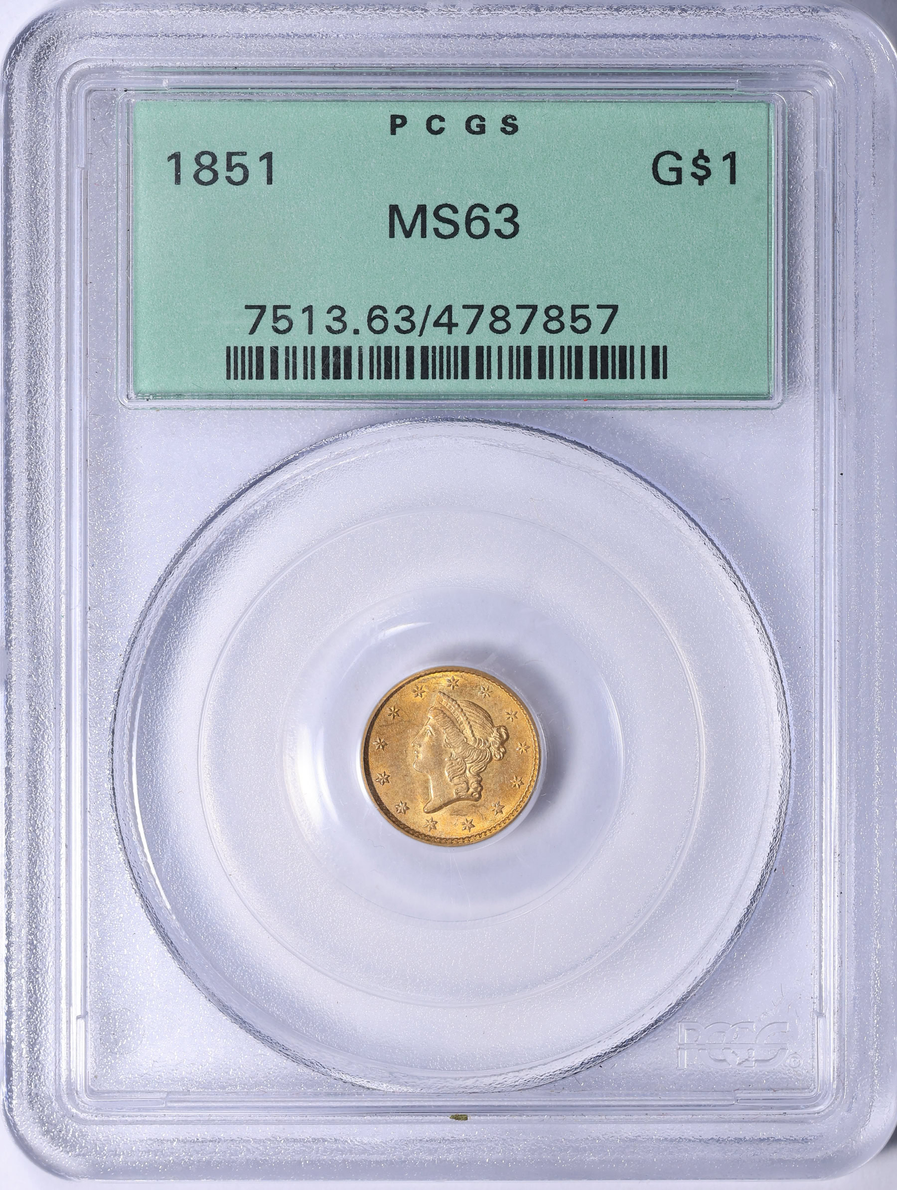1851 Liberty Gold Dollar PCGS MS-63 OGH (Item 2251369
