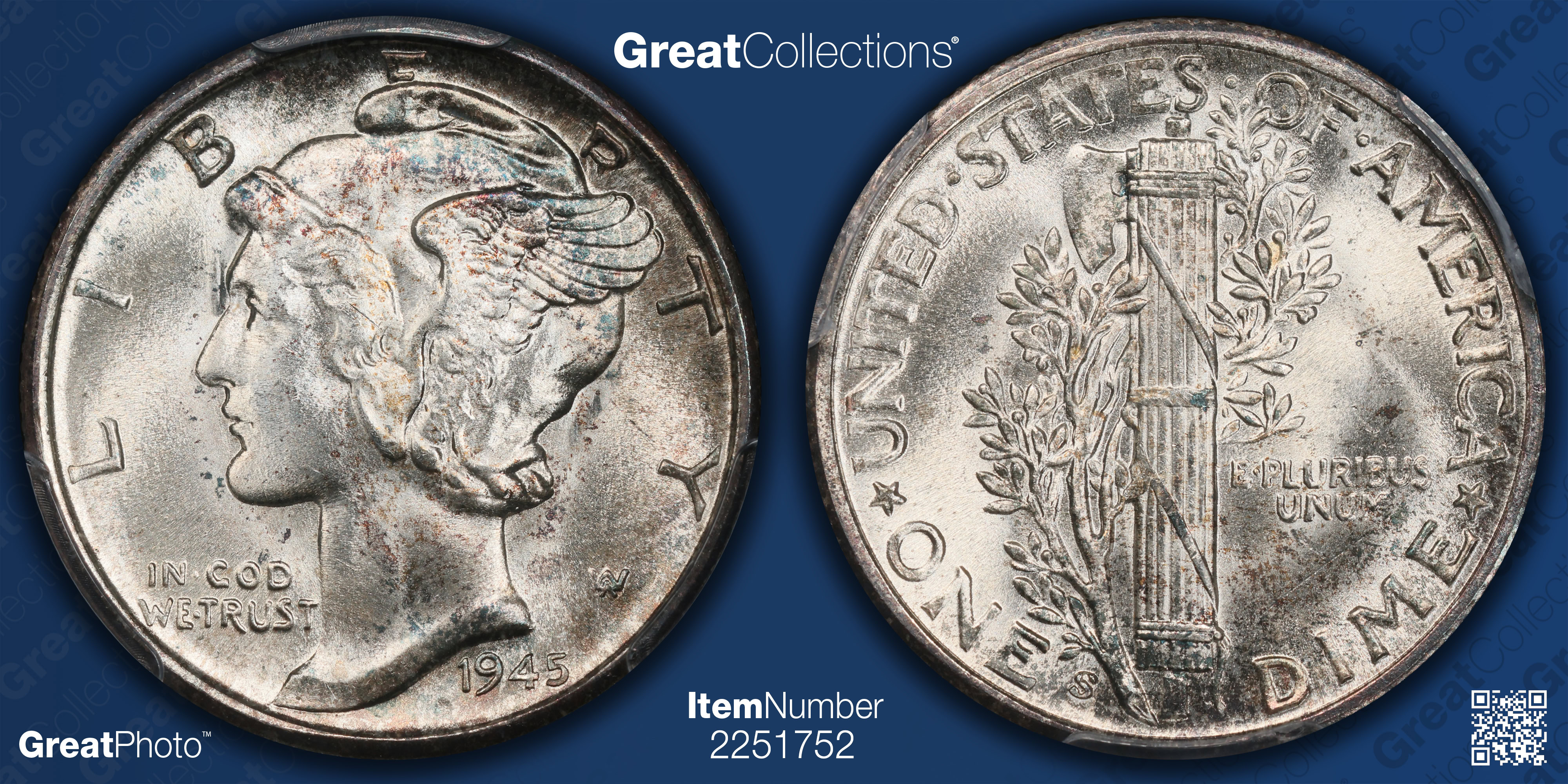 1945-S Mercury Dime PCGS MS-67 (CAC Green) (Toned) (Item 2251752